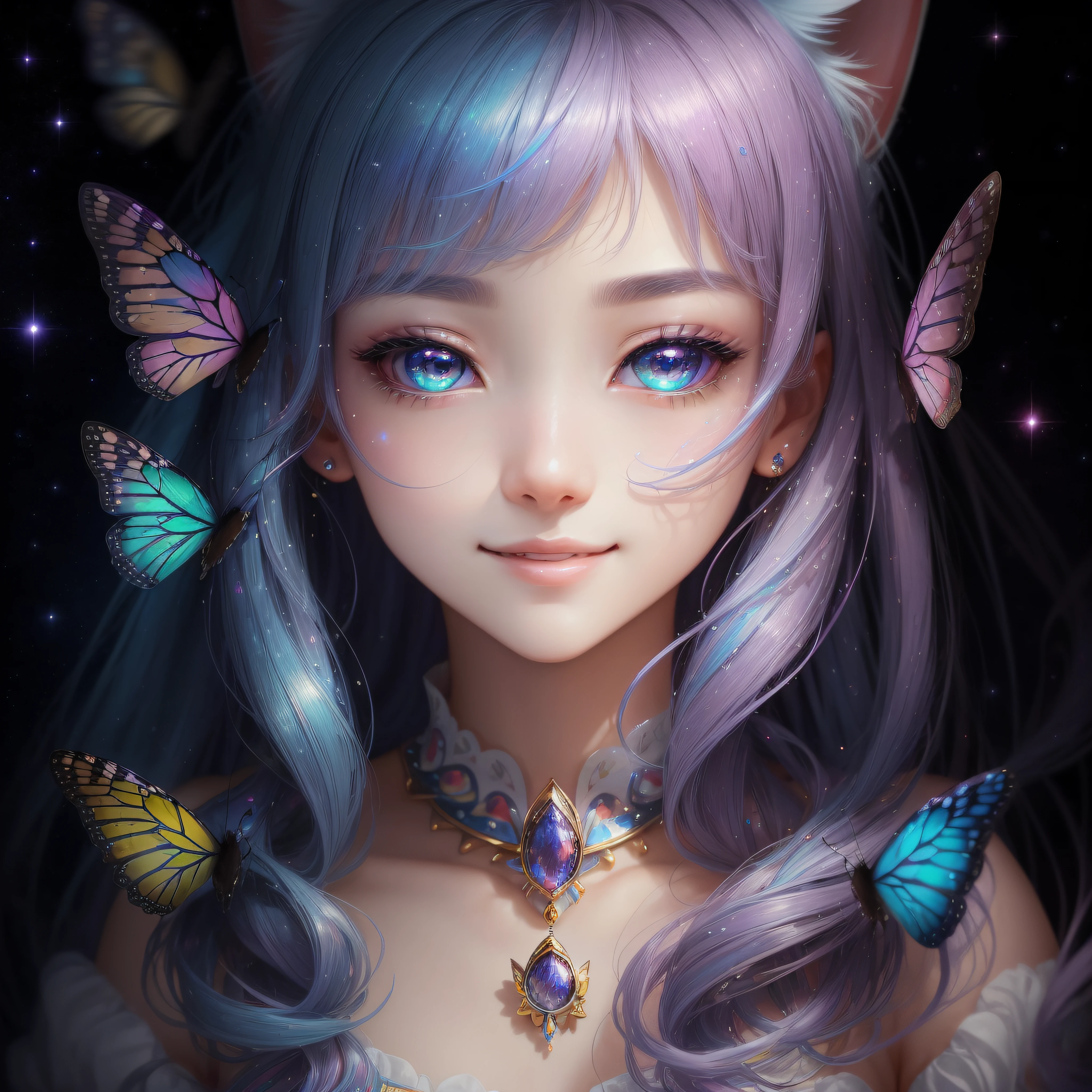 Close up of a smile with the corners of the mouth raised、Close up of a smile with the corners of the mouth raised、Close up of a smile with the corners of the mouth raised、close up of face、close up of face、close up of face、round and clear eyes、Shining eyes、Shining eyes、Beautiful 20 year old woman、dreamlikeart、Highly detailed airbrush art(((Surreal))、intricate detailes、Volumetric lighting、(masterpiece:1.2)、(top-quality)、(The ultra-detailliert)、(The composition of the movement:1.4)、Highly detailed colorful details、(Irridescent color:1.2)、(Bright lighting)、dream-like、Magical、dynamic compositions、Ray traching、The mirror reflects light、Shallow depth of field、ultra-detailliert、mixing exposure、nffsw、Super masterpiece、vivd colour、colourfull、One woman's face、(Cute cat in clothes)、Anthropomorphic representation、Rich colors、exquisitedetails、(masutepiece,Best Quality:1.5), (butterflys,Exquisite butterflies,Ultra CG), (High resolution:1.5)、(Big eyes、Sapphire green eyes、Shining eyes、Eye Gloss)(Raise the corners of your mouth and smile、Open mouth、lipgloss)、(bangss、Silver-pink hair)、The universe is infinite、stele々and planets、There are countless galaxies。Countless stars々Shines、Its brilliance is mysterious and fascinating。The brilliance of beautiful celestial bodies creates a fantastic sight。
stele々Available in different colors and sizes.、Among them is blue、reddish、yellow, etc.々Color exists。Brewster, In particular, It is a young and active star.、Red stars represent mature or giant stars。This diverse star々But、Add fantastic colors to outer space。