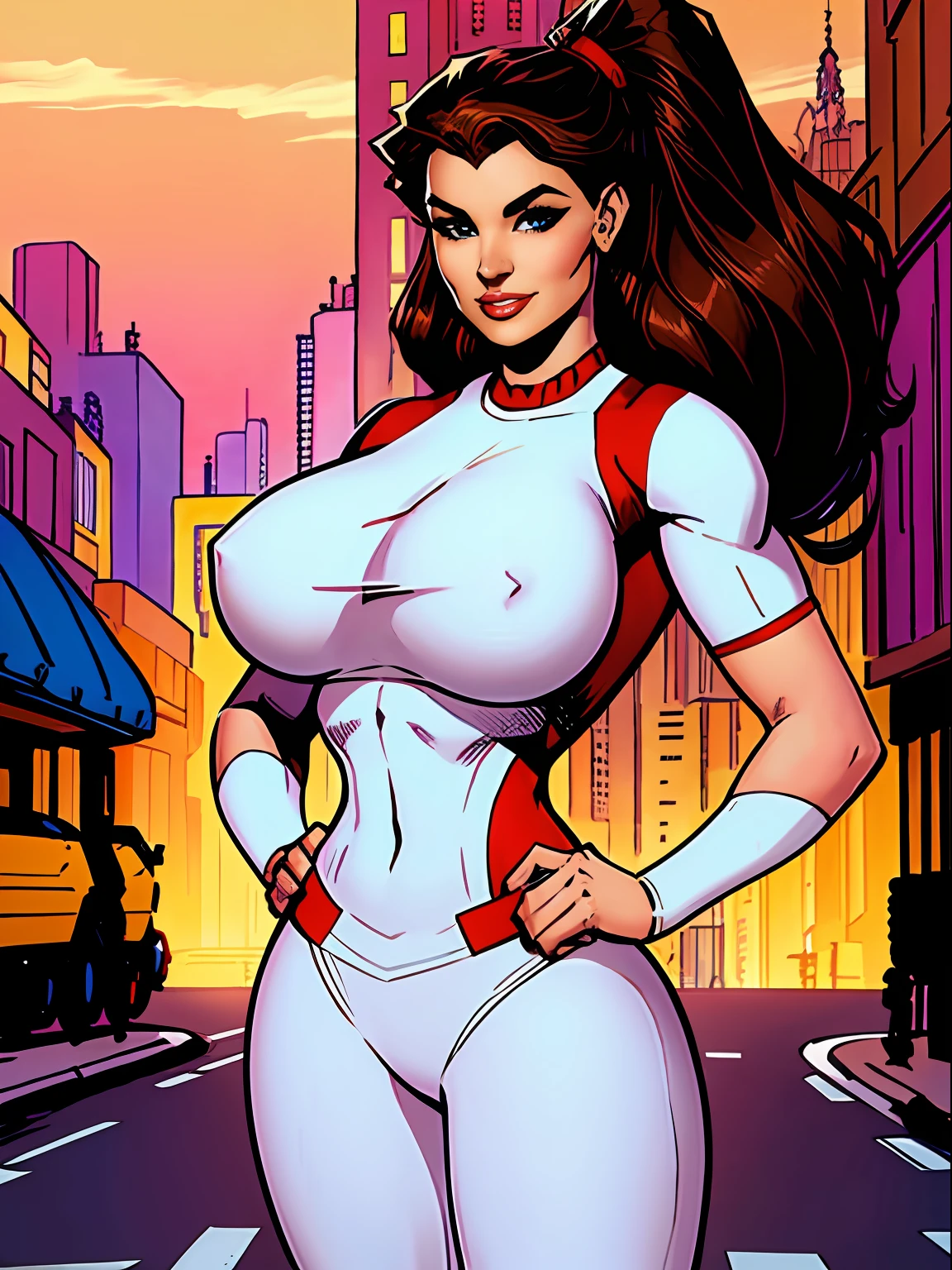 beautiful busty brunette woman with gigantic breasts and with her hair in a big ponytail wearing red and white spandex standing with her hands on her hips on a city street with a triumphant smile