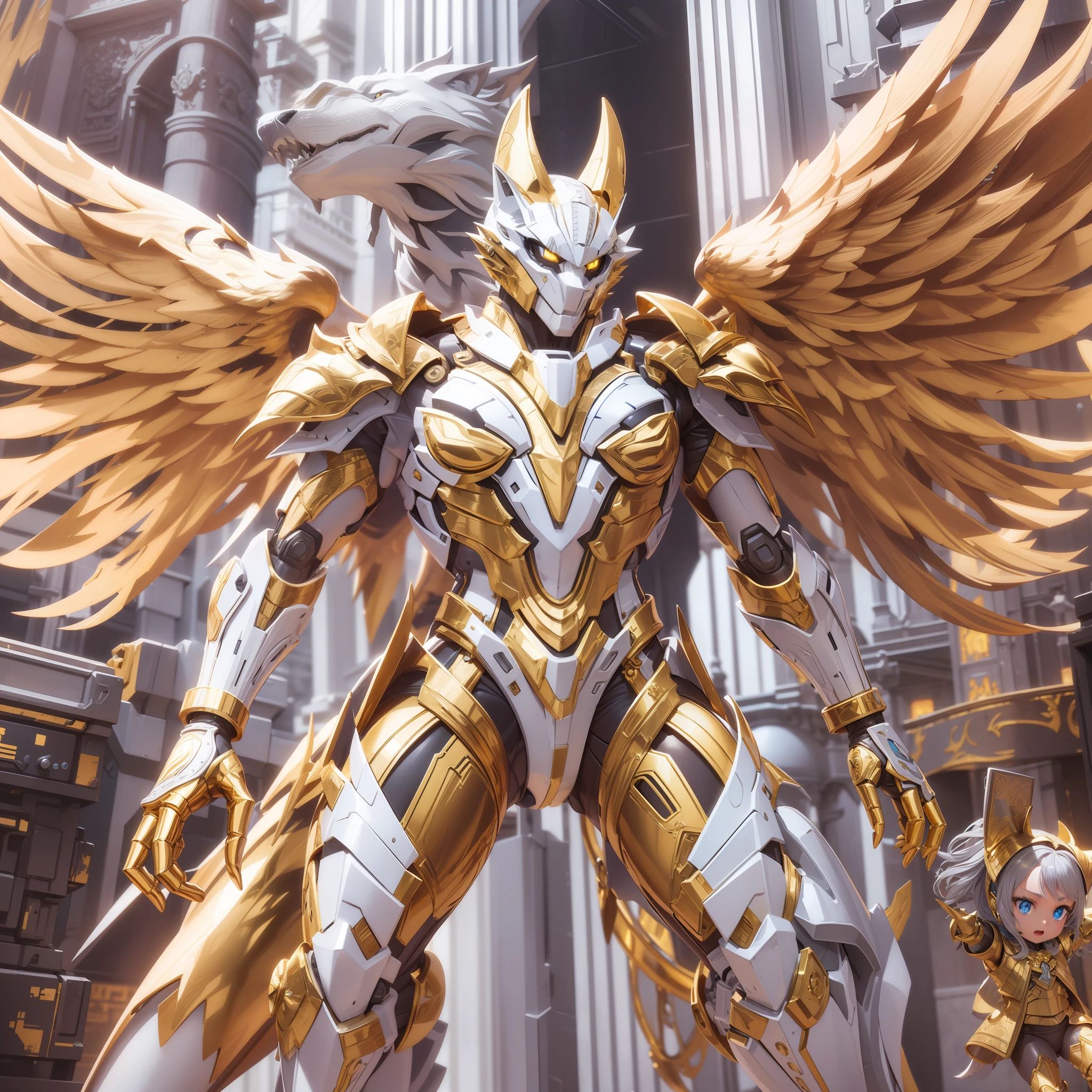 A close-up of a gold and white statue，Super detailed rendering，Intricate platinum armor，high detail iconic character，Futuristic style werewolf，metallic  luster，Robot articulated fine metal wing。8k wallpaper，Holding a high-energy cannon pointed at a little girl
