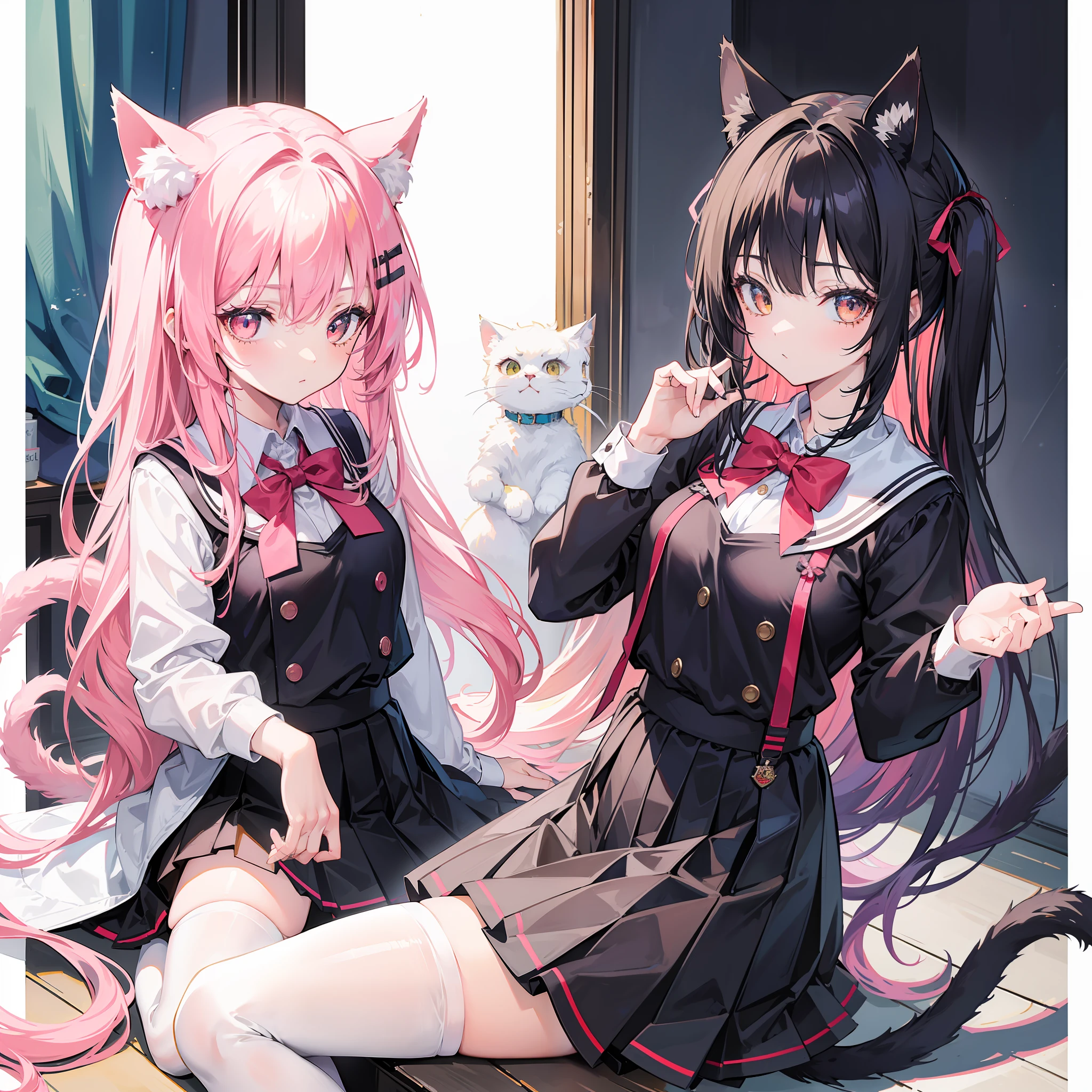 (Best quality),(Detailed), (2 girls),Kizi,a cat tail,There are cat ears on the top of the head,white thighhighs, dual horsetail,Medium breasts,JK school uniform