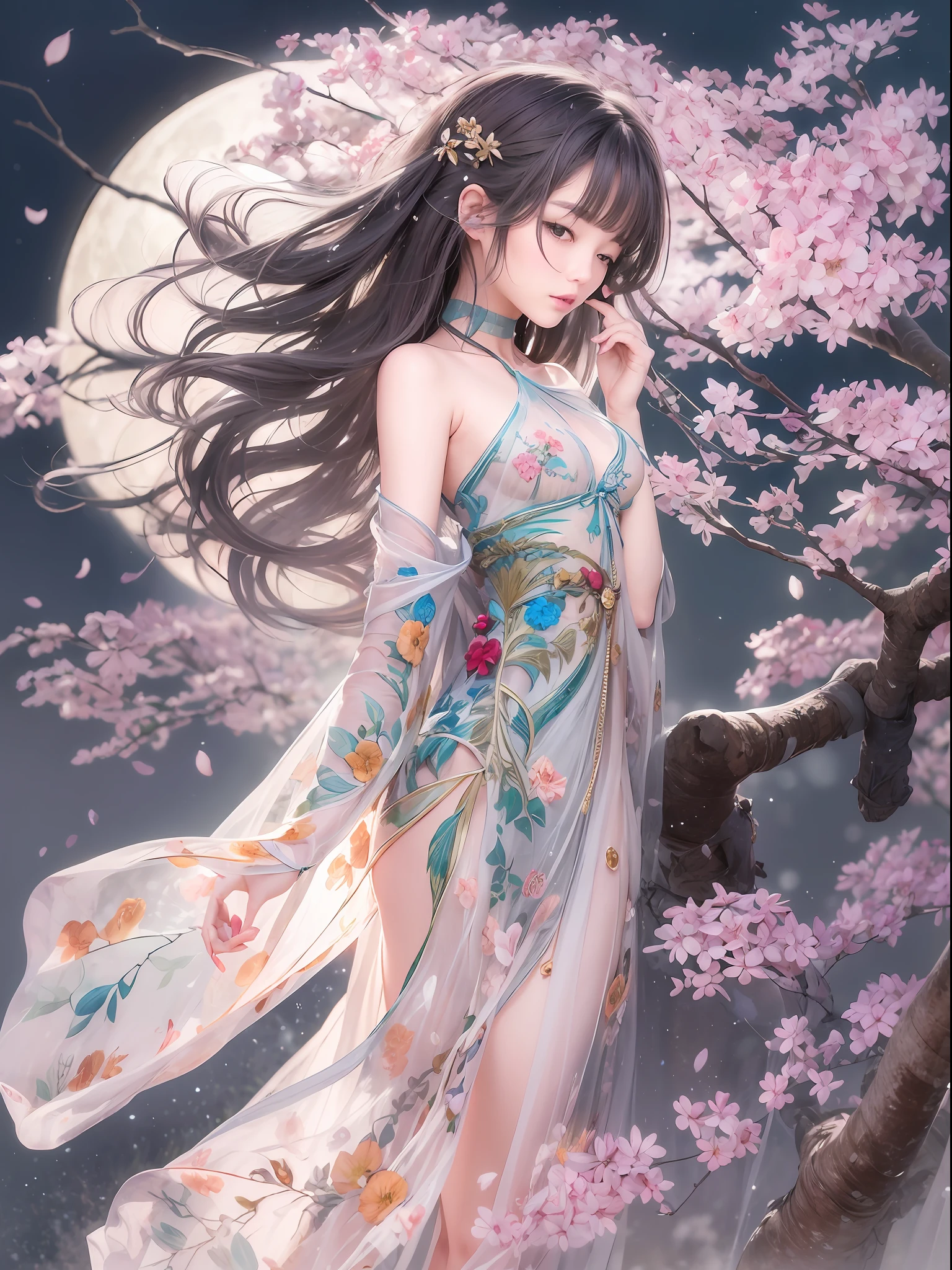 loose outfit、Show shoulders、How to wear a gown with a broken see-through halter neck、Decorated with intricate patterns and bright colors、Transparent material that makes the skin shine、Artistic depiction of seductive woman in gown with wet thin cloth and transparent skin, Floral and fantastic pattern with flowing silky traditional see-through skin。Her dress draped elegantly around her curvaceous figure、Emphasizes her charming silhouette。She's a gentle fireworks night、Dynamic Posing、Sexy Posing、bathed in the soft glow of moonlight。The scene is、With a hint of mystery and sensuality、It exudes an ethereal dreamy atmosphere。The image style is、Incorporates a blend of watercolor and digital illustration techniques.、It makes you feel delicate beauty and charm。Soft moonlit lighting、Cast gentle highlights and shadows on her mesmerizing features。Dynamic Posing、Bold poses、The hand is somewhere、see -through、show through、A sexy、Wet hair、Wet、cherry trees、flower petals、cherryblossom、The cherry tree、Sakura blizzard、buried、Transparent skin、Wet clothes、Chest Pulling、Translucent clothes、On the water、