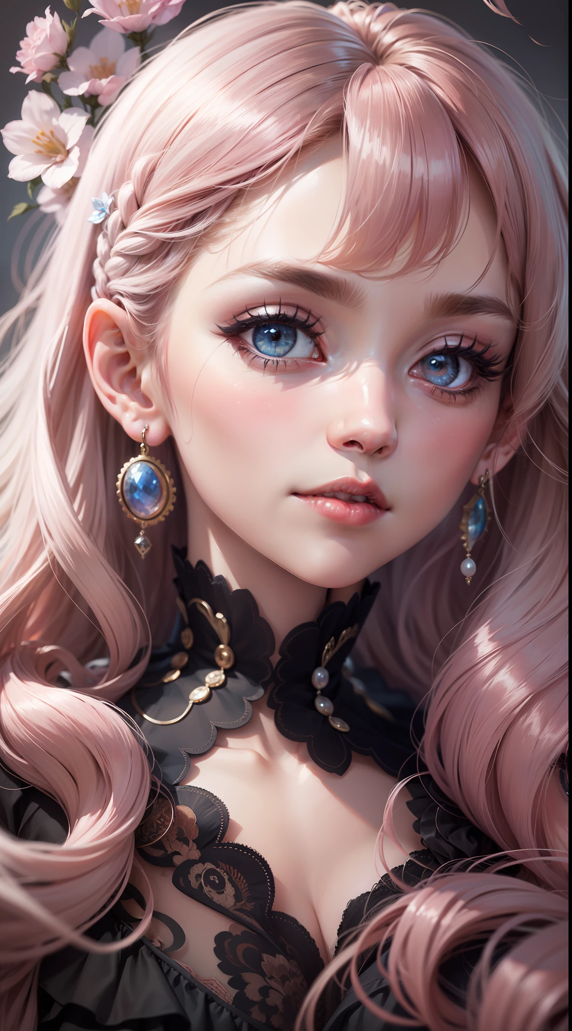 high high quality,tmasterpiece,Delicate hair,Delicate eyes,Romantic girl,Anime shoujo,Long pink big wavy hair,black big eyes,laced dress,highest quality,tmasterpiece,Beautiful CG,k hd,Beautiful,big bright eyes,Radiant skin,delicated face,Wear pearl stud earrings,highly detailed soft lighting,8K high quality detailed art(Delicate facial portrayal)(Fine hair portrayal)(highest quality)(Master masterpieces)(High degree of completion)(a sense of atmosphere)8k wallpaper,tmasterpiece,Best quality at best,ultra - detailed