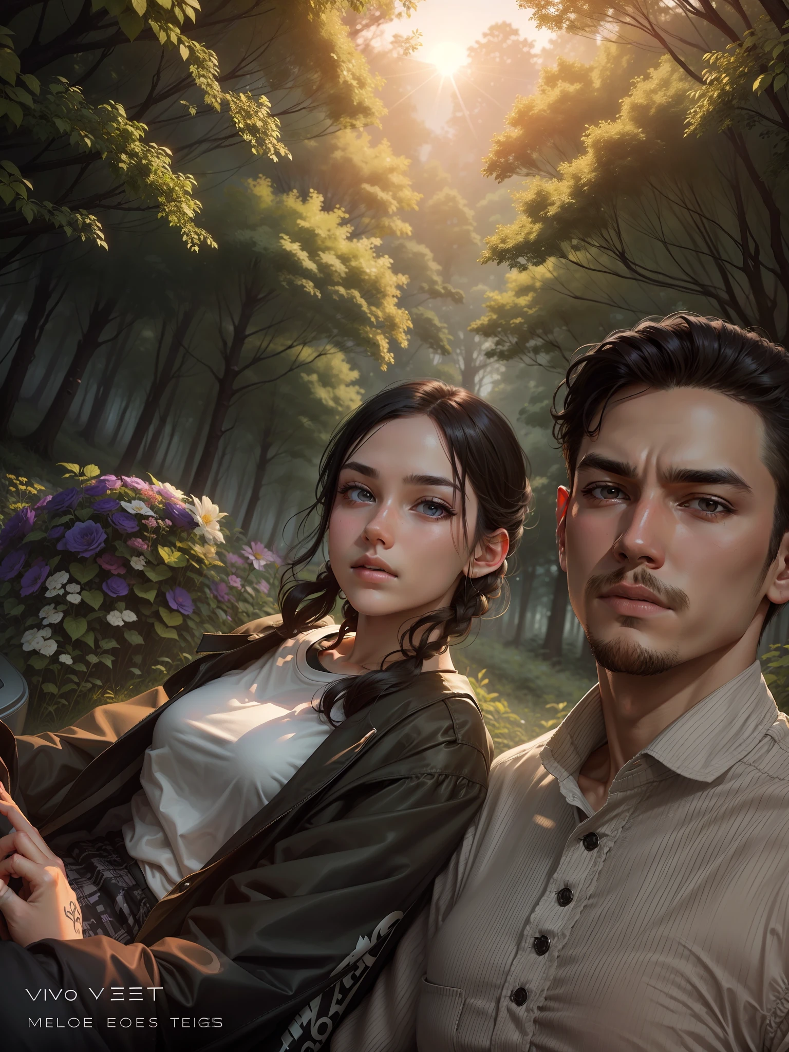 best quality, {best quality}, {{masterpiece}}, {highres}, {field field}, extremely detailed couple, illustration, couple, 1boy, 1girl, couple, love, love, romantic, sharp focus, male focus, female focus, black hair, violet eyes, sun, sunlight, lifting, t-shirts, men's clothes, expressionless, women's fashion, forest, flowers, statement