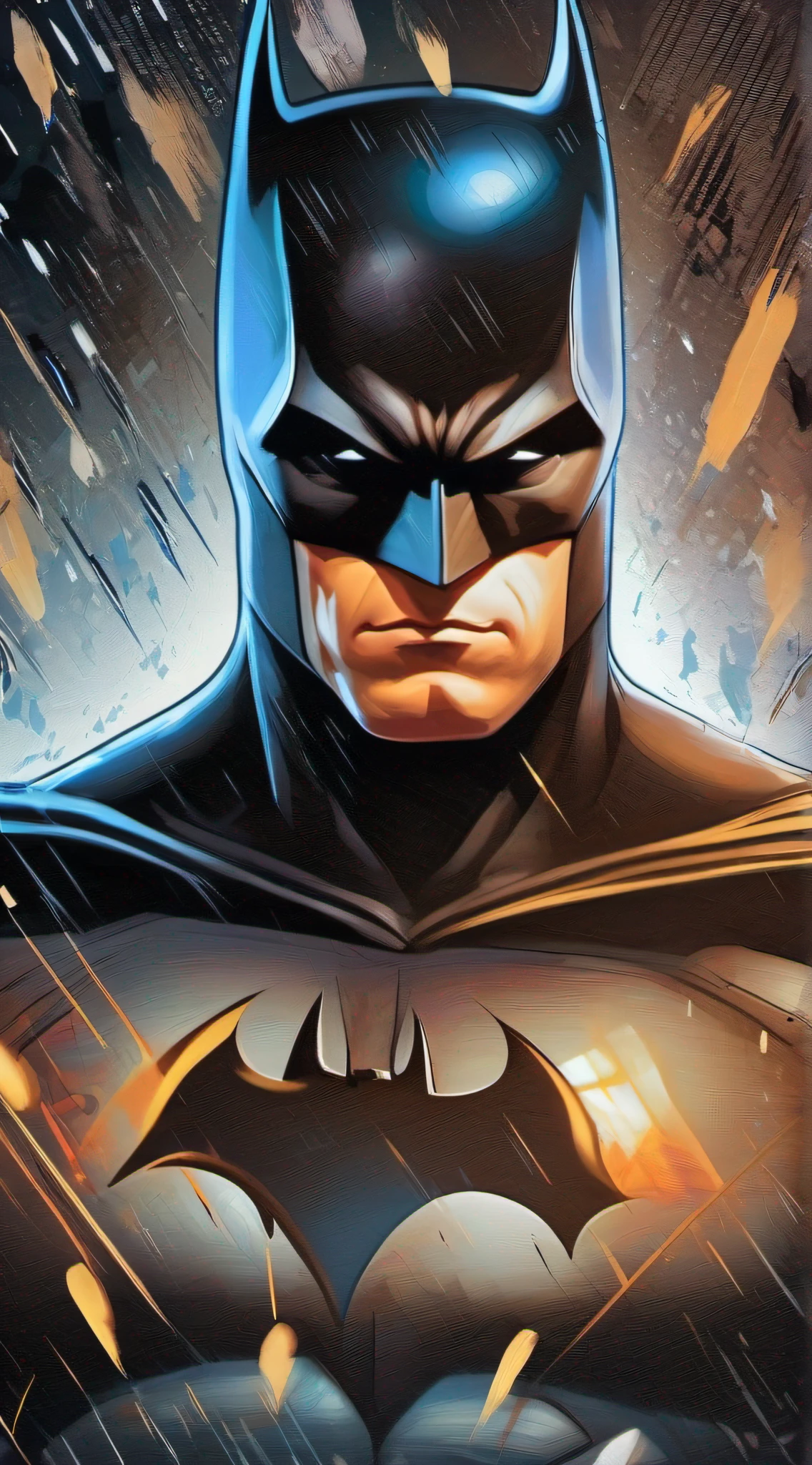 Batman na chuva com rosto e capa cheios, close up, Retrato do Batman, Retrato de Batman, olhar fixo para telespectador Batman, Iconic character of high detail, O Batman, Jason Statham como Batman, Sylvester Stallone como Batman, Do filme Batman, portrait batman ancient biblical, Batman irritado, Anigirl Batman, Superhero portrait, Arte de Alessandro Pautasso, Estilo de Arte DC Comics, Dark Knight