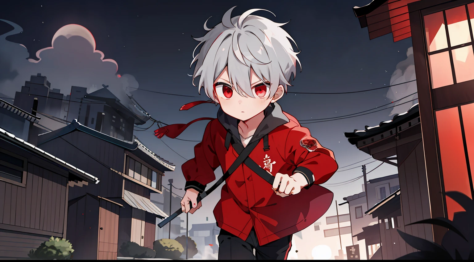 Expressive eyes，s the perfect face， 1boys， 独奏， Curta， younge boy， Short gray hair， red eyes， Don't run out of the house at night， buildings， smog