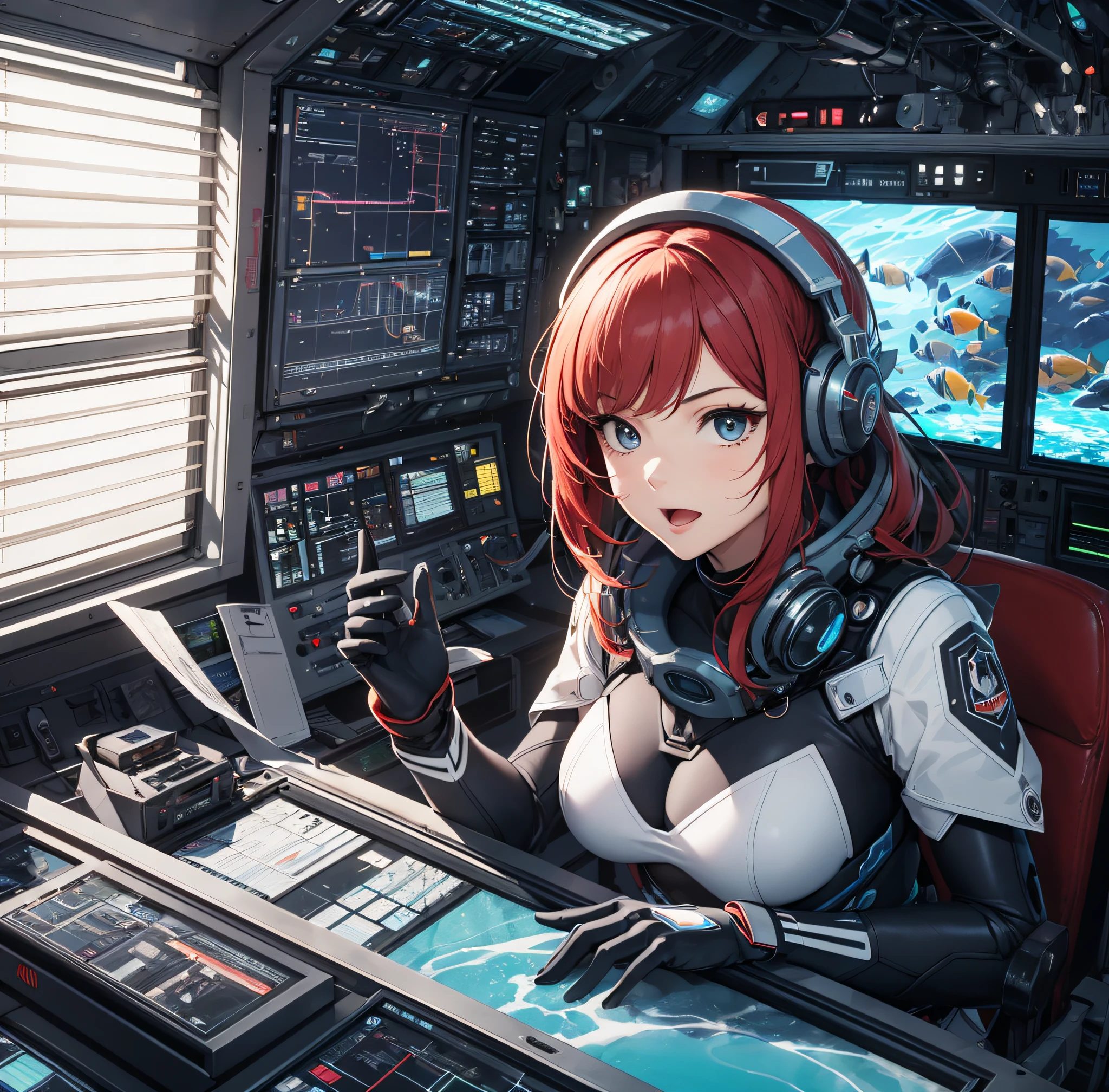 Ridiculous resolution，A high resolution，（tmasterpiece：1.4），Hyper-detailing，1 young woman，pelo rojo corto，pilotsuit，Rich princess，Sitting in an extremely narrow and enclosed mech control room，Operate mechs，Outside the window is the underwater world，The expression is excited，In the deep sea