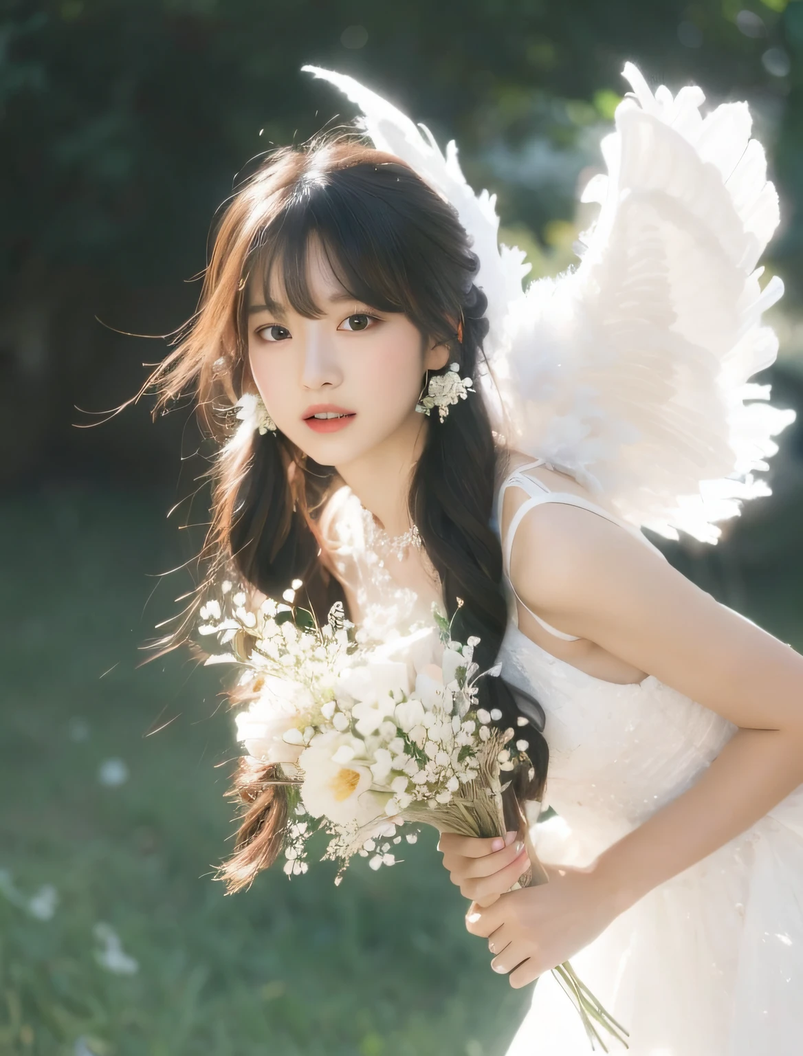 An Arad woman in a white dress holds a bouquet of flowers, young wan angel, of an beautiful angel girl, beautiful angel, ulzzangs, beautiful angel, Ethereal and dreamy, ethereal wings, ethereal fairytale, Dreamy and ethereal, with beautiful wings, Angelic, Shin Jinying, angels in white gauze dresses, wearing angel halo, chiho