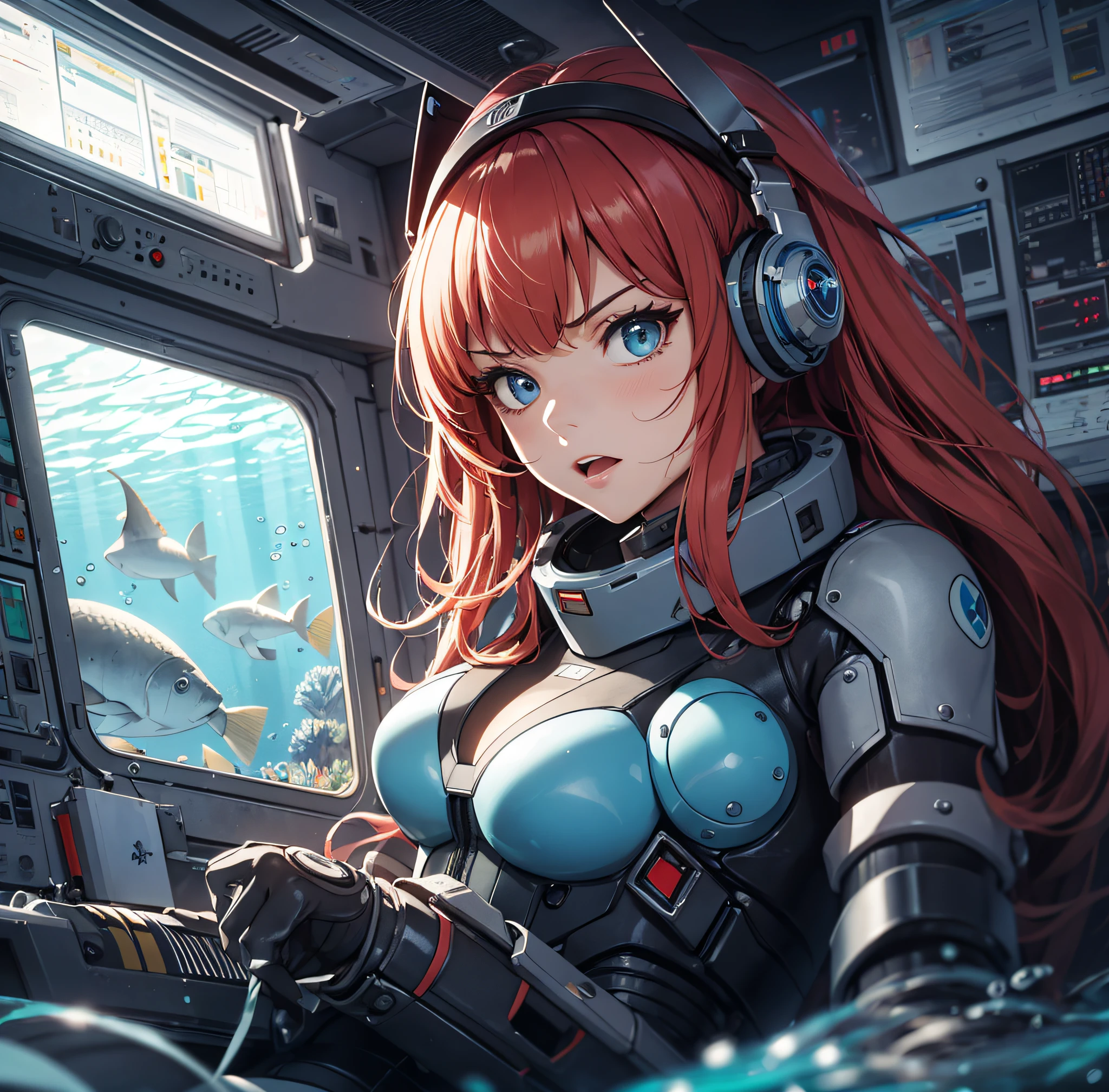 Ridiculous resolution,A high resolution,(tmasterpiece:1.4),Hyper-detailing,1 young woman,pelo rojo corto,pilotsuit,Rich princess,Sitting in an extremely narrow and enclosed mech control room,Operate mechs,Outside the window is the underwater world,The expression is angry,In the deep sea