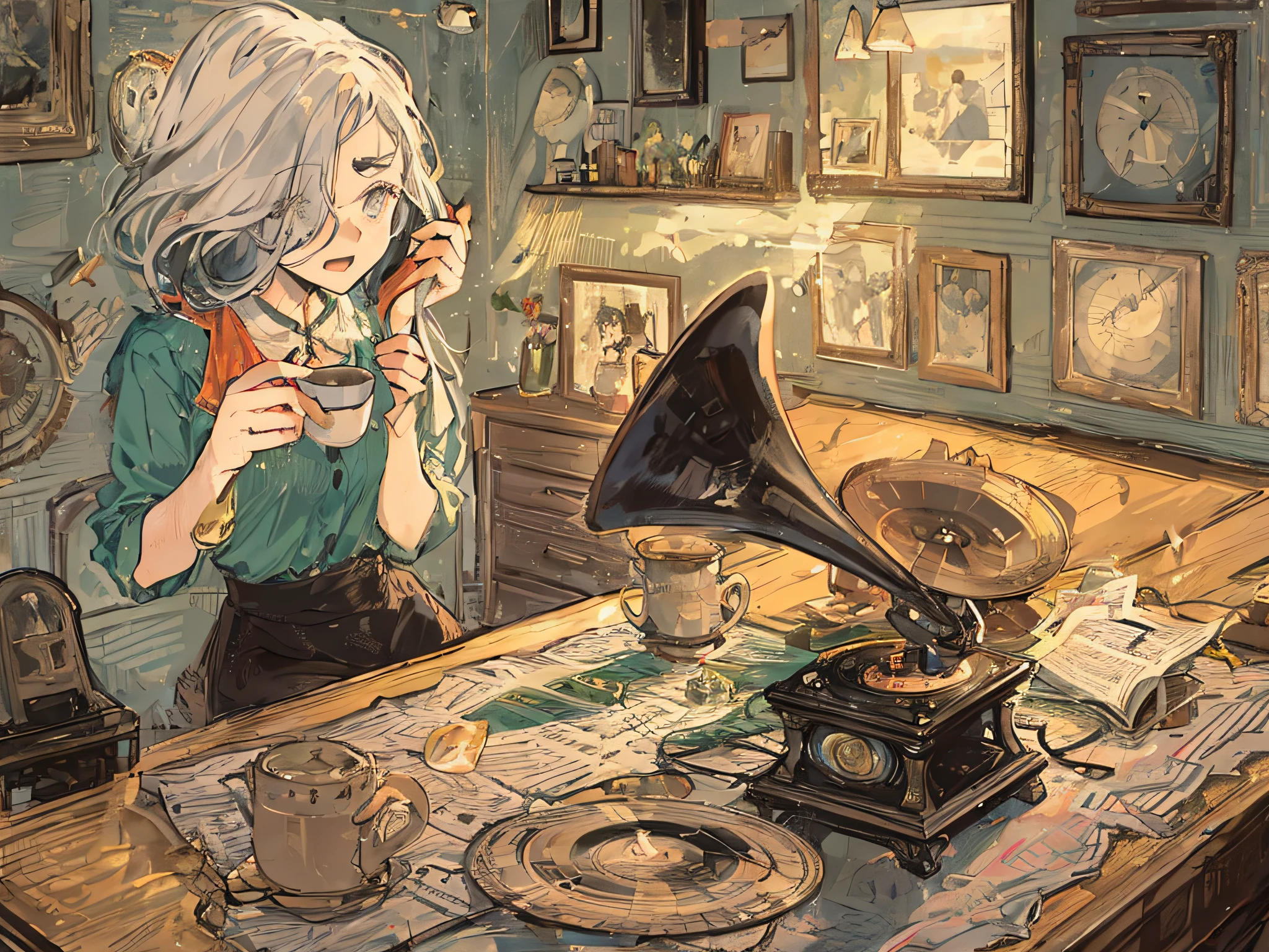 A cartoon-like girl immersed in music from a gramophone in her room. She is holding a cup of coffee on the desk, and is losing herself in the rhythm of the music. The room is vintage-style, with a gramophone in one corner. The lighting is dim, and the entire room is enveloped in a calm atmosphere. The camera captures her from an overhead angle, focusing on her expression and the details of the gramophone, Long white hair