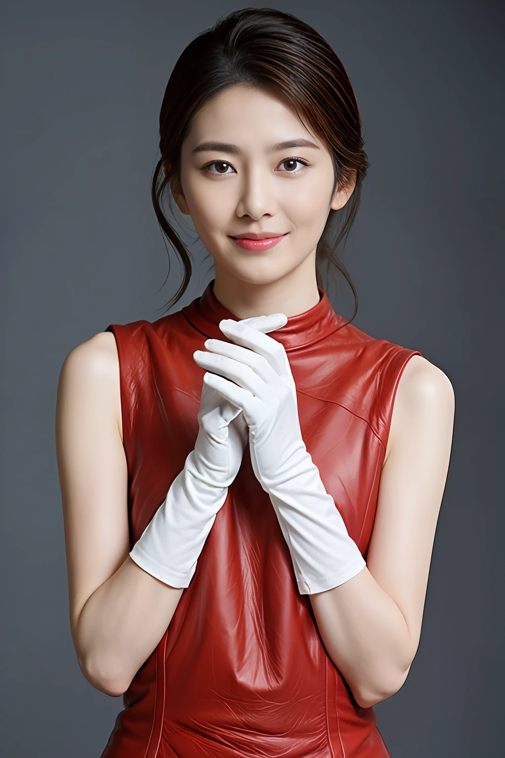 (top-quality、超A high resolution:1.2) (Silver&Red leather sleeveless dress:1.1)(White Gloves) Event Venues、Photos of beautiful Japan women