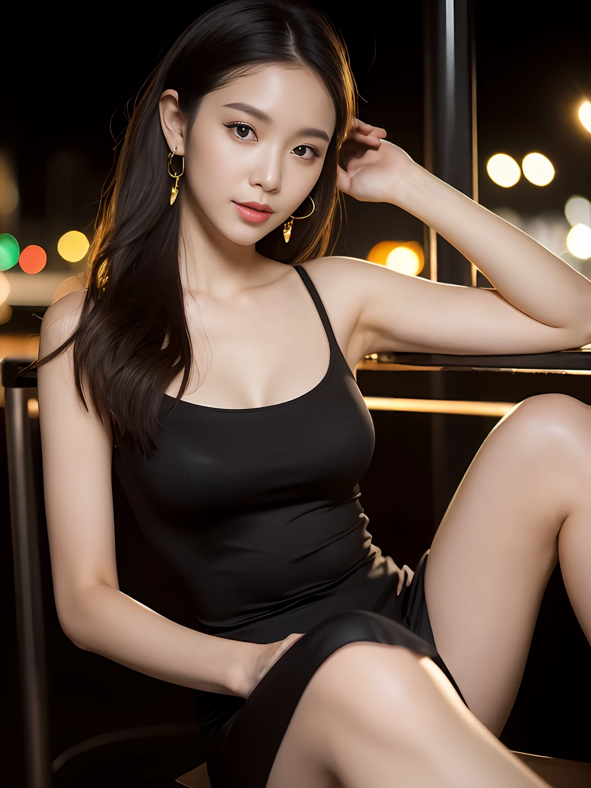 best qualtiy,32K,tmasterpiece,realisticlying,The is very detailed, (hyper HD:1.2), In a dimly lit bar,A sexy beautiful girl sitting on a barstool,Star face,She is tall,Elegant curves complement the perfect figure,her slender legs,Wearing black stockings,She has long thick hair,Hang naturally on the shoulders,The skin is white and delicate,Looming,Showcases a healthy glow,She wore a black tight dress,The skirt is slightly higher, Expose slender legs,Sketch sexy beauties,A gorgeous metal waist chain is tied around the waist,Sparkling earrings fell on her ears,Background bokeh