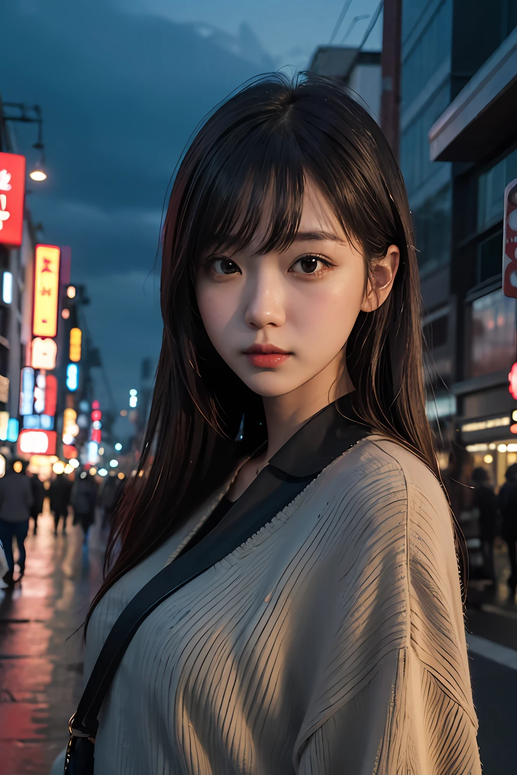 1girl, Tokyo street,night, cityscape,city lights, upper body,close-up, 8k, RAW photo, best quality, masterpiece,realistic, photo-realistic,
