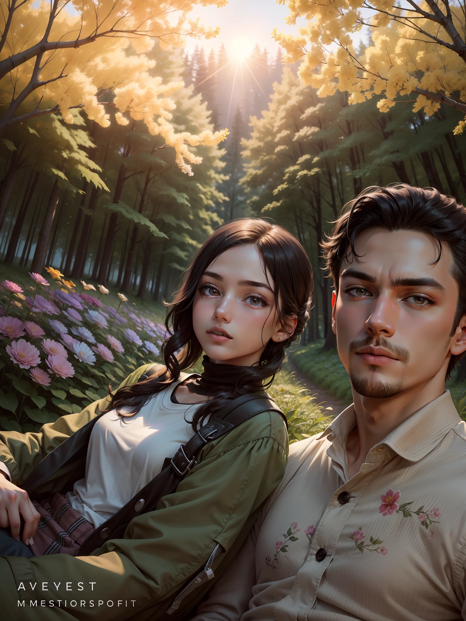 best qual, {{masterpiece}}, {highres}, {field field}, extremely detailed couple, illustration, couple, 1boy, 1girl, couple,  love, romantic, sharp focus, male focus, female focus, black hair, violet eyes, sun, sunlight, lifting, t-shirts, men's clothes, expressionless, women's fashion, forest, flowers, statement