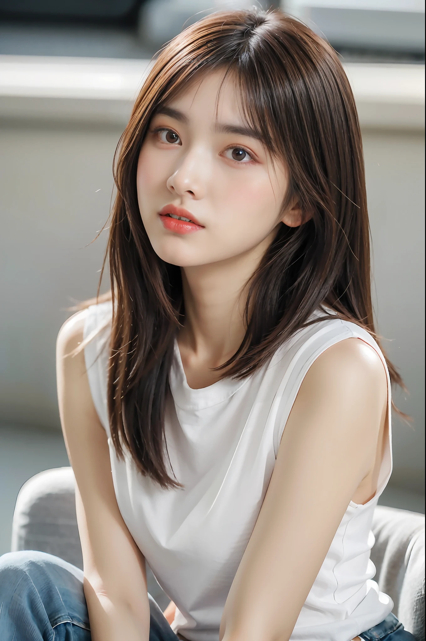 best qualtiy, realisticlying, 8K, A high resolution, 1girll, woman, (sportrait:0.6), opulent, (cityscapebackground:1.6)), ((Small round chest, Jeans and sleeveless white T-shirt:1.98)), head straight-looking at viewer:1.8, (1 girl looks at the audience with eyes, medium lenght hair, A brown-haired, partedbangs:1.65), realisticlying, (Keep one's mouth shut:1.46), opulent,