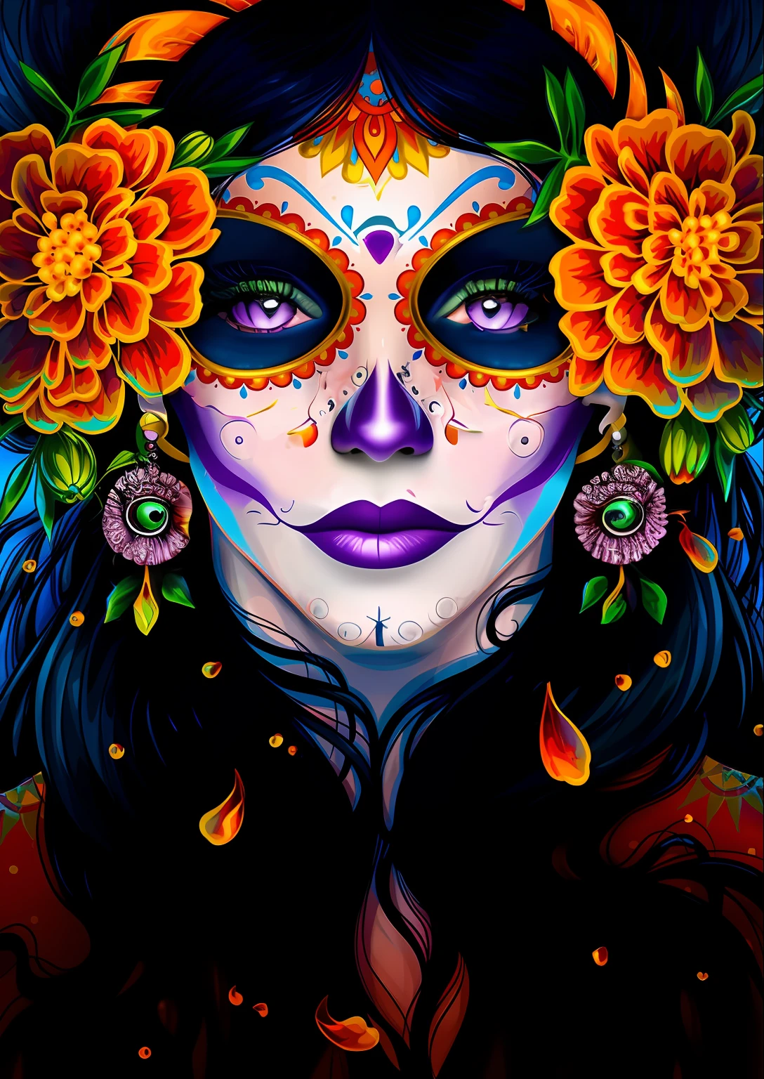 Purple eyeball eyes, pattern painting, rose earrings, ghostly smile, stitched purple lips, ultra high definition, vector style