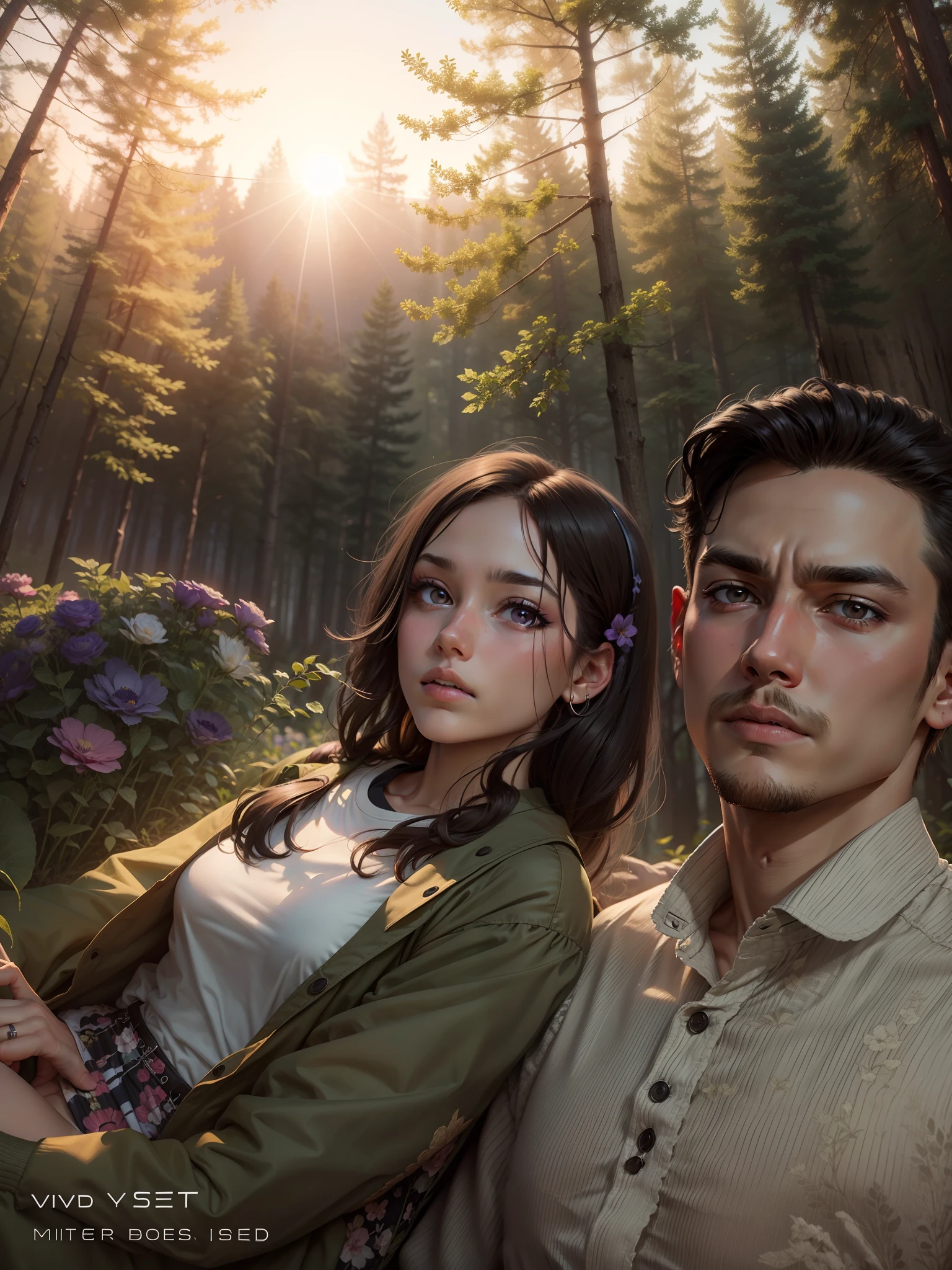 best quality, {best quality}, {{masterpiece}}, {highres}, {field field}, extremely detailed couple, illustration, couple, 1boy, 1girl, couple, love, love, romantic, sharp focus, male focus, female focus, black hair, violet eyes, sun, sunlight, lifting, t-shirts, men's clothes, expressionless, women's fashion, forest, flowers, statement