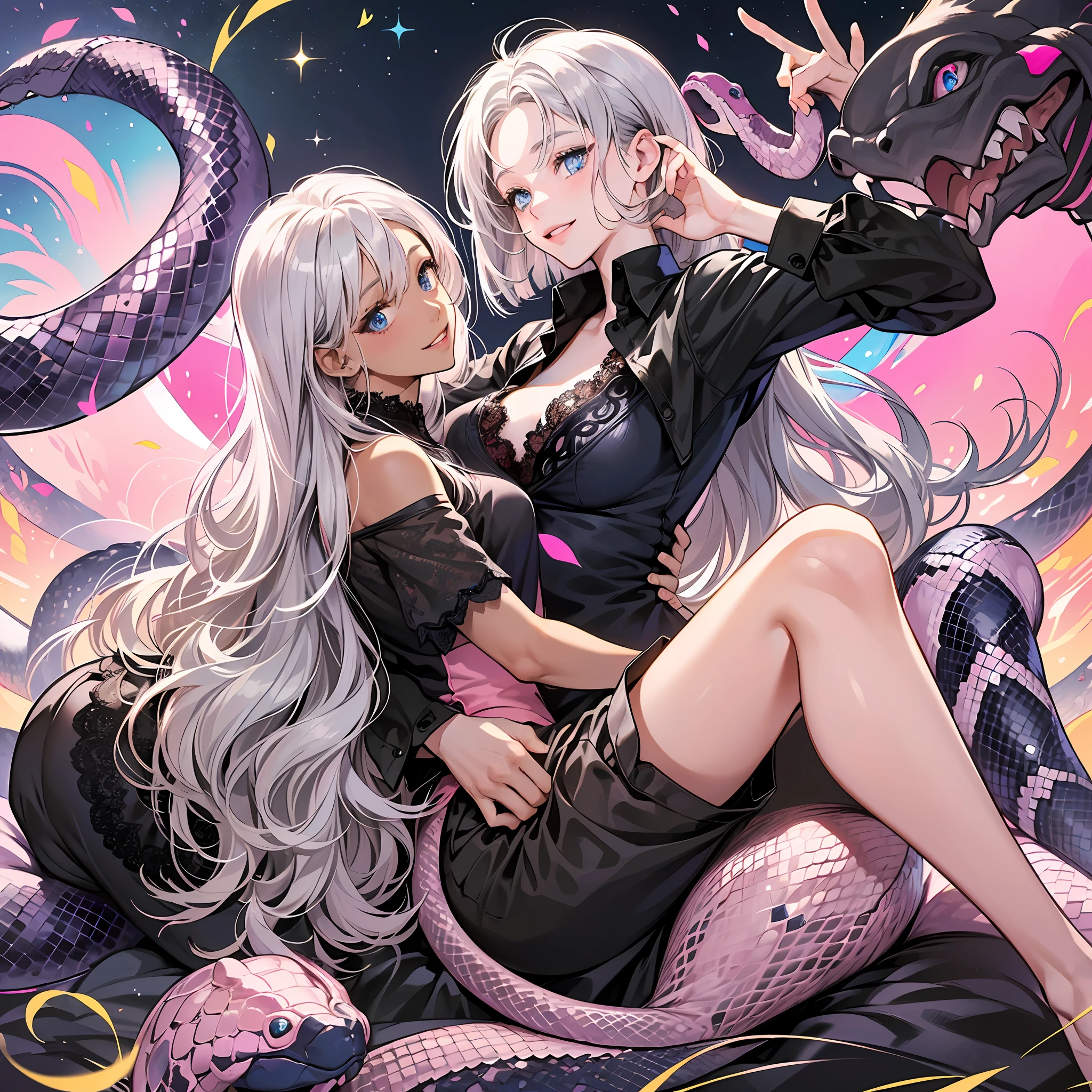 {{{masutepiece}}}, {{{Best Quality}}}, {{Ultra-detailed}}, {Illustration}, {{extremely delicate and beautiful}},super detailed skin,Women in Their 20s,Dark skin,(Dark skin:1.5),Silver hair,(Silver hair :1.5),Bob Hair,(Bob Hair:1.5),Shiny hair,medium breasts,(medium breasts:1.5),slit-eyes(slit-eyes:1.5),Blue eyes,(Blue eyes:1.5),Black lace shirt,(Black lace shirt:1.5),Side slit pants,Sunny Park,Pink Snake,(Pink Snake:1.5),Play around pink hippos,Happy smile,Dynamic Angle,from behind,stylish pose --auto