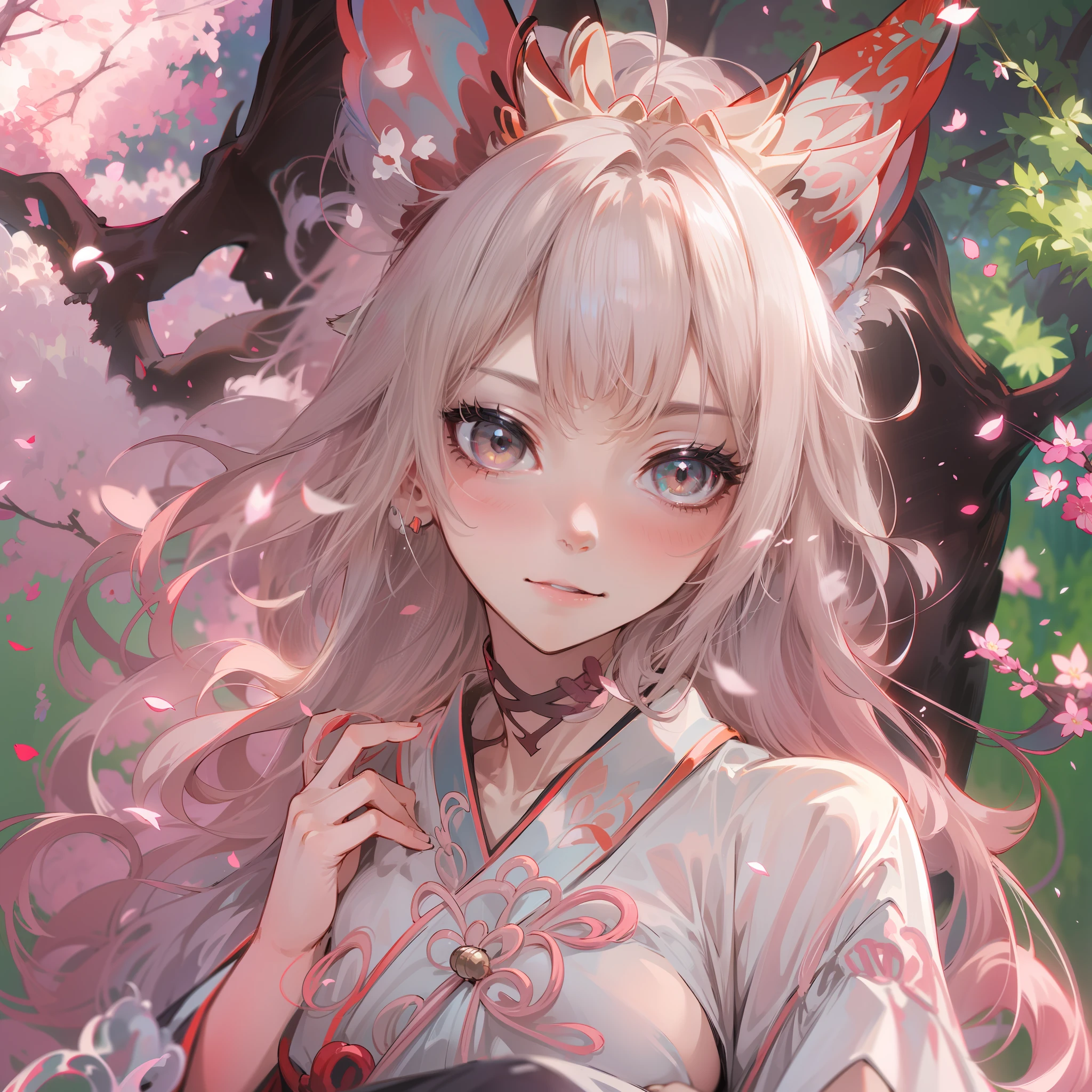 red color eyes,Bright red pupils,cabelos preto e longos,Japanese priestess costume, red kimono,white under lingerie,Dull hair,Big hazy eyes,Facial details are exquisite,Impeccable,Slightly rosy,8K, Masterpiece, 1 girl , nakeness,White body,Pink , Light pink lips, calm, Logical, Knife fan,Delicate face,dishiveredhair,Stunning anime face portrait,独奏,nigh sky,exteriors,themoon,As estrelas,Long dancing hair,starrysky,the night,Beautiful hair,Fantastic cherry blossom tree,Dream like ( Ambient lighting), Dreamy, Fantastic, (Solo: 1.2), petals dancing,(detailed cat ears:1.3),Black cat ears:1.1, (beautifully detailed hair:1.3), (Hollow black hair:1.3), Luscious waist-length hair, (multi-layered hair:1.5), (hair splayed out:1.2), beautiful-detailed facial structure, Detailed beautiful face:1.3, Sexy face, A grim face, slender facial structure, (Detailed face:1.33), Big eyes, (Detailed glowing eyes:1.1), luminous red eyes, (Detailed facial expressions:1.1), Shy, Facial smile,detailed-slight red blush, (detailed boobs:1.2), Large size chest, (Slim waist:1.1), (Slim legs:1.1), Stand up full body diagram,(Firefly: 1. 2), Lamp 3), Starry sky, Torii gate,water puddles