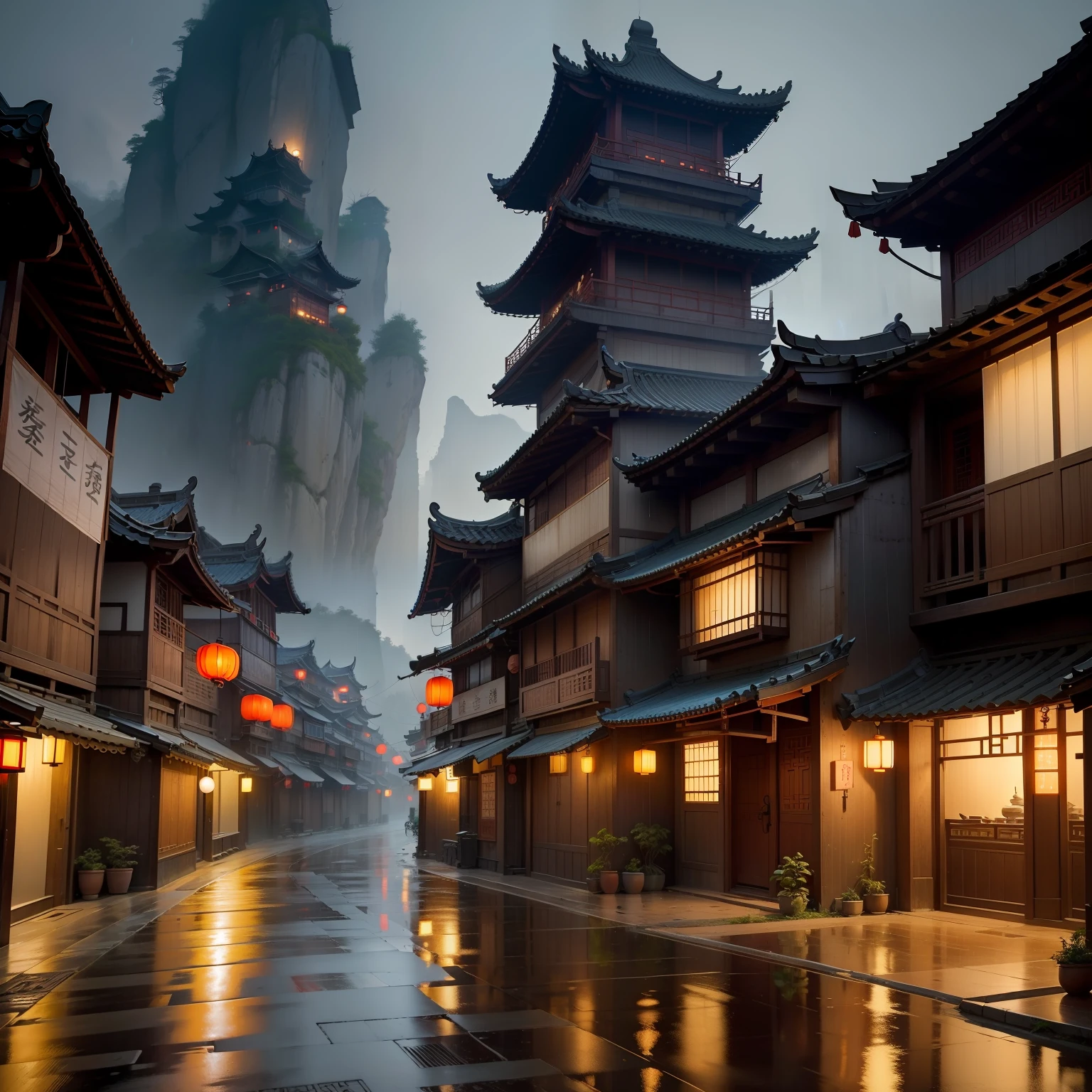 a lot of lights on the buildings，dreamy Chinese towns，A village of Gangnam surrounded by mountains，Chinese village，White walls，Jiangnan Hui-style architecture，Amazing wallpapers，old asian village，rainy evening, Well-lit building, In the evening in the rain, Beautiful and aesthetic, photography of, cinematic ligh, 8K, high detal