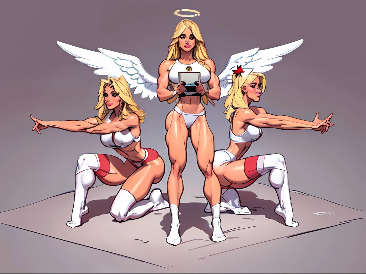 ((masterpiece)),(((best quality))),((character design sheet)), illustration,1man, environment Scene change, bending knees, on knees, showing off abs, gloating, muscular, white skin, white legs, thick legs,angel halo, scribbles and marks, fire, ((detailed face:1.1)), rough sketches, pose too, blonde and white color palette, 8k,16k, (simple background, light background: 1.3)