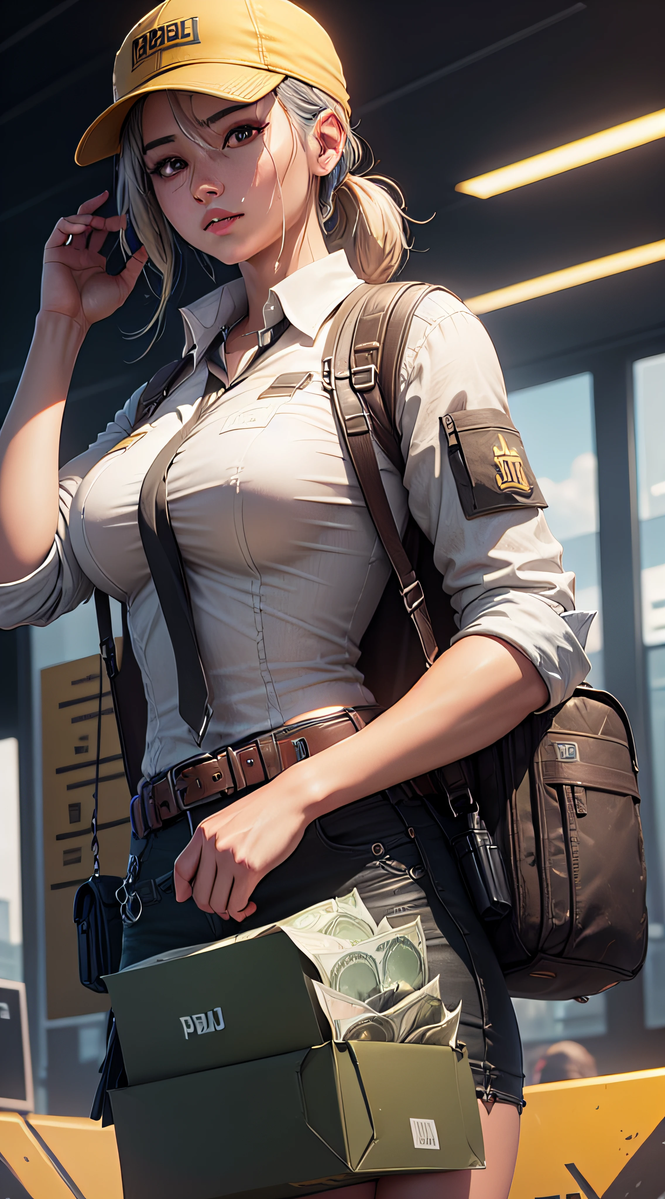 A confident PUBG character tightly holding two overflowing bags of money, meticulously detailed, and of the highest quality:1.37.