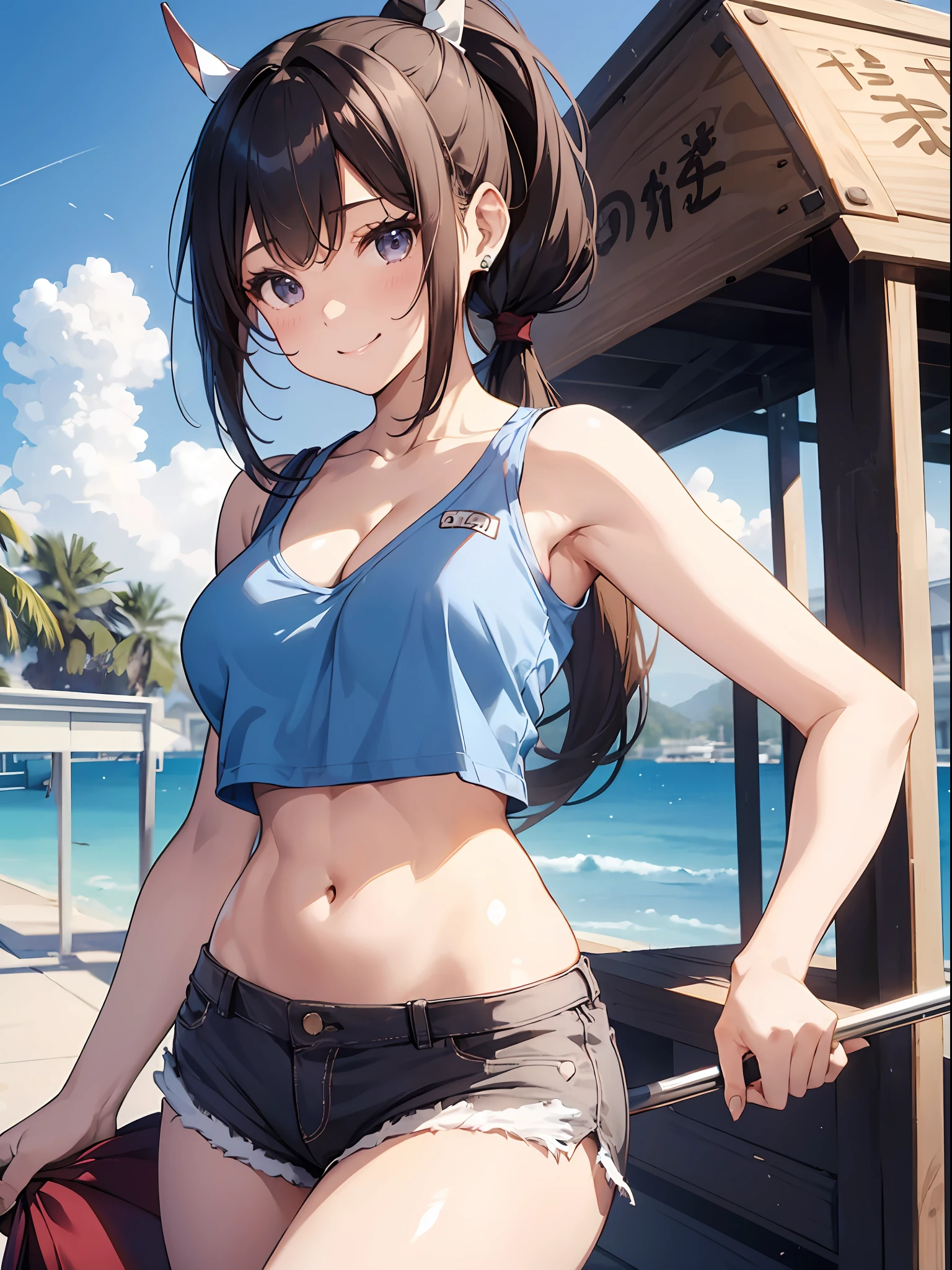 1 girl,A smile、Mouth open、tshirts,hotpants,((poneyTail:1.3)),Navel out、bending forward、cleavage of the breast,tourist destination、Intricate details, Hyper realistic, Perfect Anatomy