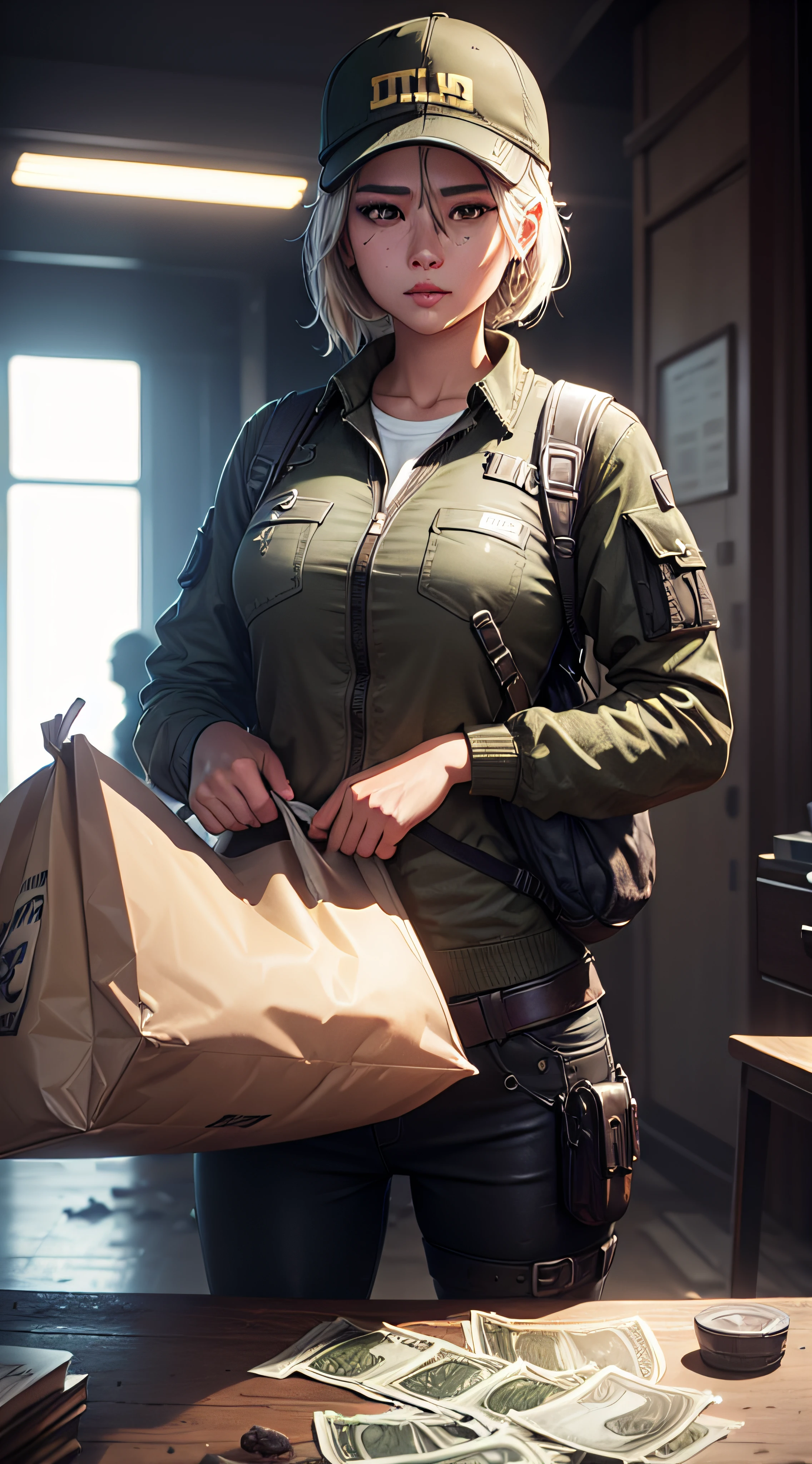 A confident PUBG character tightly holding two overflowing bags of money, meticulously detailed, and of the highest quality:1.37.