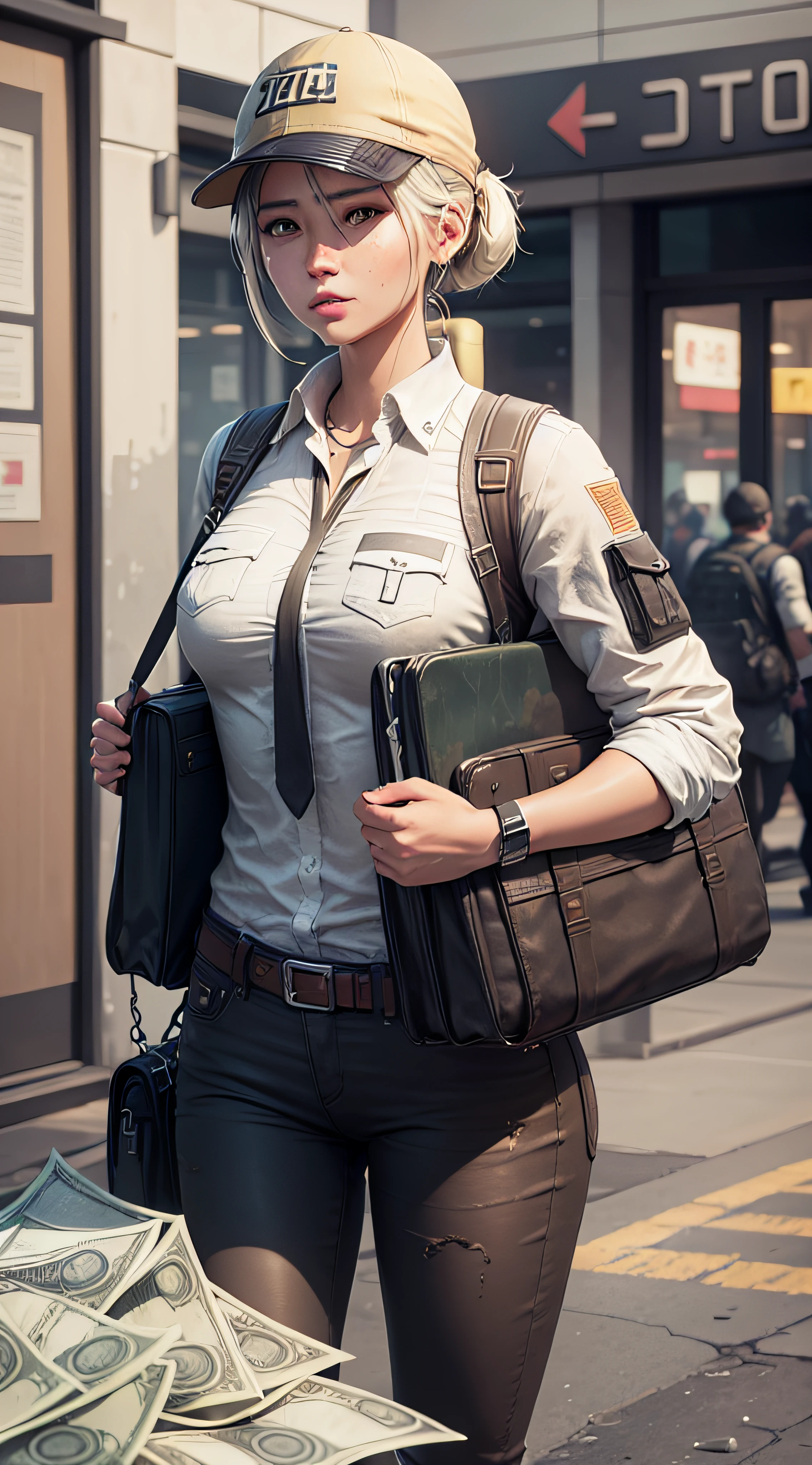 A confident PUBG character tightly holding two overflowing bags of money, meticulously detailed, and of the highest quality:1.37.