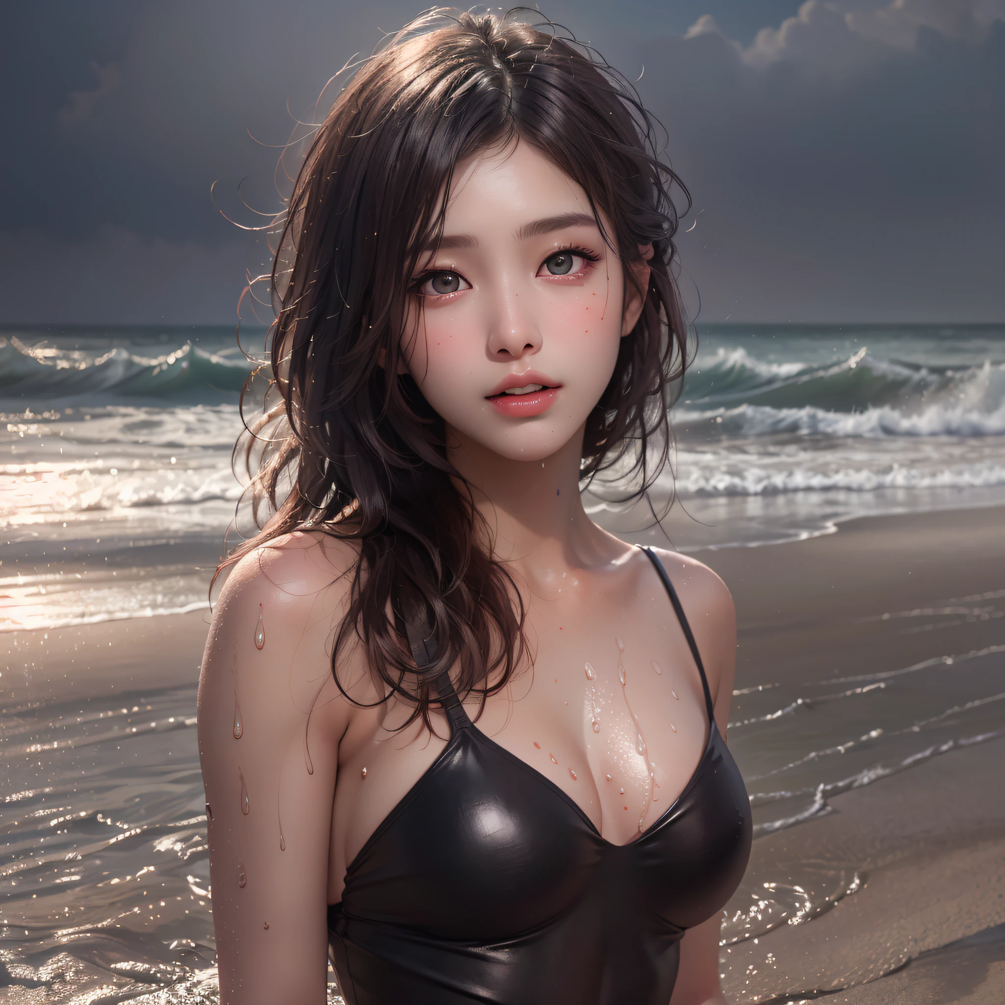 (Background, Very inprecisely drawn sandy beach, Mare):1.3, (medium hair, dark brown hair), (top-quality, Photorealsitic:1.4, masterpiece:1.3, RAW Photography:1.2, cinematric light, very detailed illustration), (1woman:1.3, solo), (asian girl, ultra delicate face, ultra Beautiful fece, ultra delicate eyes, ultra detailed nouse, ultra detailed mouth, ultra detailed facial features), (Wet Body, Wearing a black swimsuit: 1.1)), (medium breast:1.3), from the front side, skiny, lipgloss