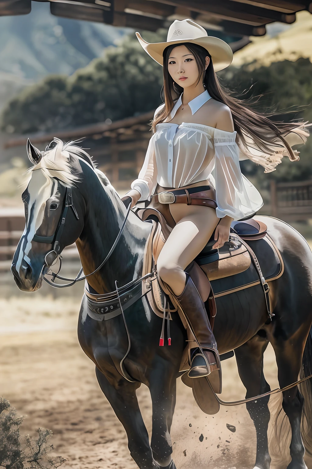 Nsfw, masterpiece, high resolution, face detailed, Japanese beautiful lady,  riding horse , at ranch, outdoors, big pure  black horse. Wear white transparent shirt, no bra. Look through breast, No closeup,grasp a cowboy pistol,