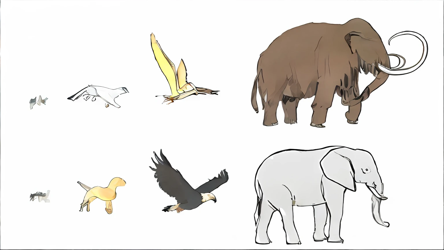 There are many different animals that are grouped together, various animals, illustrations of animals, flying giant animals, Species are diverse, 2 animals, Animal transformation, critters, animal drawing, Extinct species, many wild animals, Animal shape, wildlife paintings, wildlife illustration, mammal, accurate animal imagery, Scientifically accurate, Megafauna, wild animals, three animals