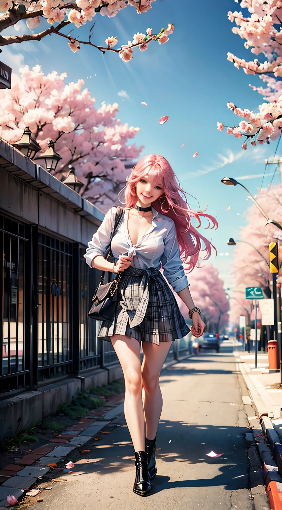 masterpiece, best quality, full body, 1girl, bangs, black choker, black tie, pink hair, blue skirt, blush, bracelet, large breasts, choker, clothes around the waist, collarbone, collar shirt, cowboy shot, dress shirt, ear piercing, eyebrows visible through hair, gradient hair, smile, gyaru, jewelry, kogal, long hair, looking at the viewer, loose tie, tie, piercing, plaid skirt, pleated skirt, red eyes, ring, school uniform, shirt, skirt, smile, solo, white shirt, street, sky, cherry blossoms, petals, illustration, (magazine: 1.3), (cover style: 1.3), elegant, woman, vibrant, clothing, posing, frontal, colorful, dynamic, background, elements, confident, expression, holding, statement, accessory, majestic, rolled, around, touch, scene, text, cover, bold, eye-catching, title, stylish, font, catchy, headline, bigger, impressive, modern, fashionable, focus, fashion, --auto