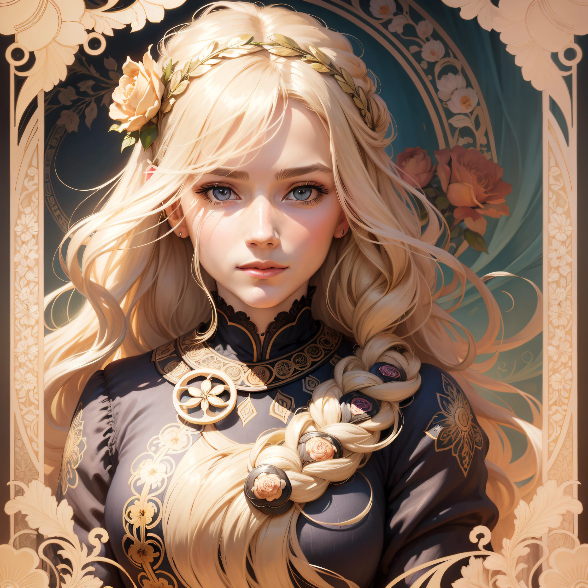 Facial portrait of a European woman，with long coiled hair，blond hairbl，Floral frame，Decorative panels，abstract artistic，Alphonse Mucha（tmasterpiece，best qualtiy，A high resolution：1.4），A detailed，complexdetails，4K，splash of color，line art，rosette
