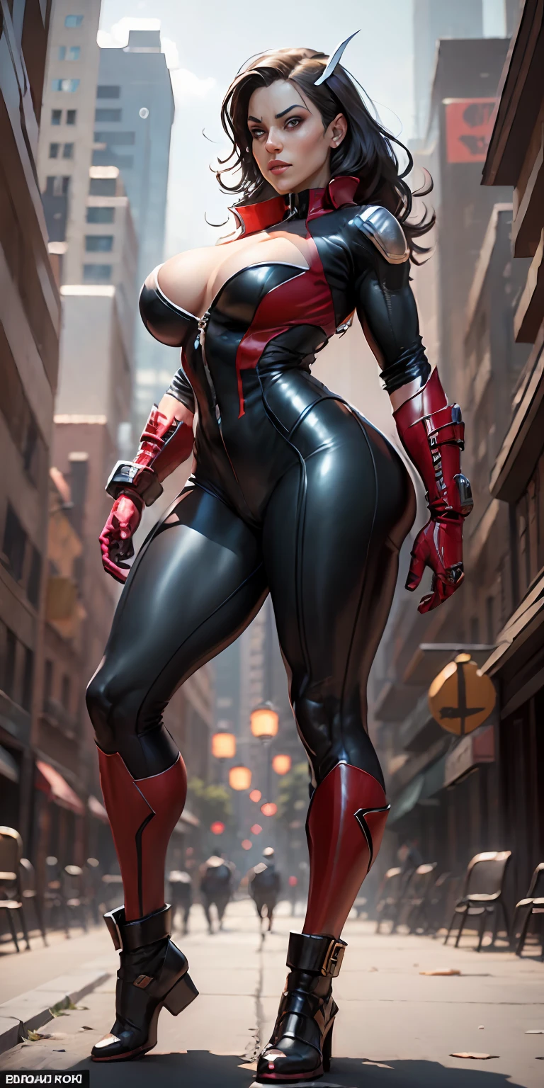 female Daredevil from Marvel, big breasts, frontal, full-length, looking at the camera, facing the audience, standing pose, Hell's Kitchen background, three-dimensional light, detailed full-body concept, sleek digital concept art, beautiful full-body concept art, art trend, CGsociety full-length,