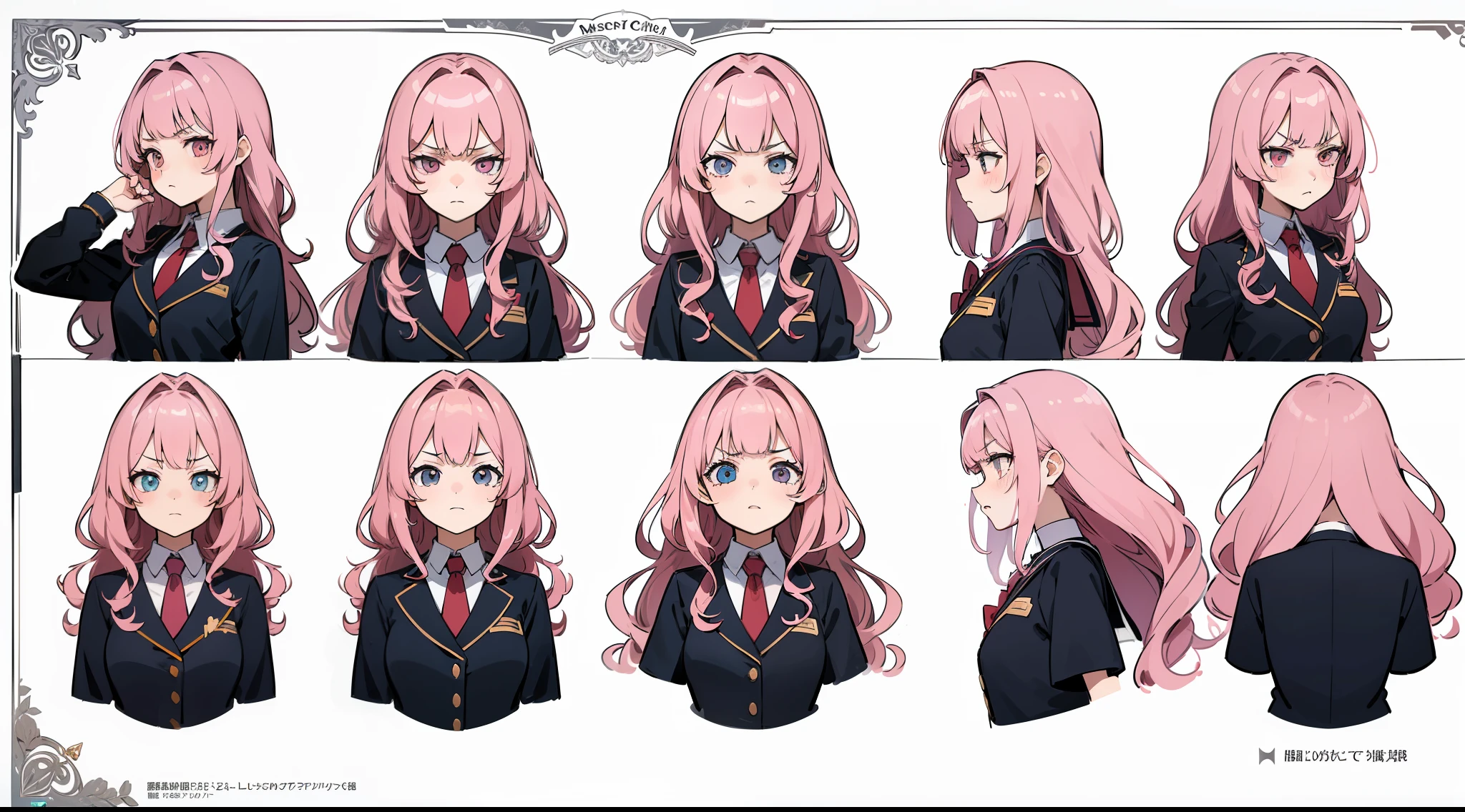 ((Masterpiece, highest quality)), detailed face, character sheet, Full body, full of details, multiple poses and expressions, highly detailed, depth, many parts, 1girl, school uniform, long sleeves, pink hair, wavy hair, long hair, blunt bangs, tsundere, angry expression