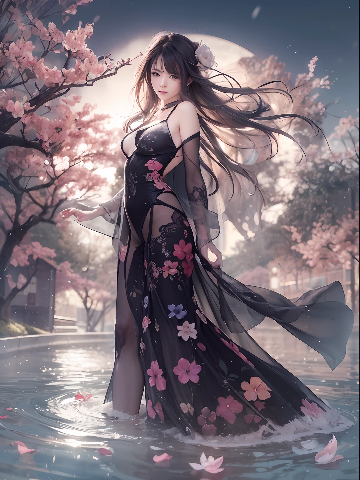 loose outfit、Show shoulders、Dark Color String Dress、How to wear a black gown、Decorated with intricate patterns and bright colors、Transparent material that makes the skin shine、Artistic depiction of seductive woman in gown with wet thin cloth and transparent skin, Floral and fantastic pattern with flowing silky traditional see-through skin。Her dress draped elegantly around her curvaceous figure、Emphasizes her charming silhouette。She's a gentle fireworks night、Dynamic Posing、Sexy Posing、bathed in the soft glow of moonlight。The scene is、With a hint of mystery and sensuality、It exudes an ethereal dreamy atmosphere。The image style is、It incorporates a blend of watercolor and digital illustration techniques.、It makes you feel delicate beauty and charm。Soft moonlit lighting、Cast gentle highlights and shadows on her mesmerizing features。Dynamic Posing、Bold poses、The hand is somewhere、see -through、show through、A sexy、Wet hair、Wet、(cherry trees、flower petals、cherryblossom、The cherry tree、Sakura Snowstorm 1.5)、buried、Transparent skin、Wet clothes、(Chest 1.2)、Navel Ejection、Swaying in the wind、Burgundy、pale red、(Slouch 1.5)、Lace color、lace choker、a choker、Lie on your back on the surface of the water、New lining、