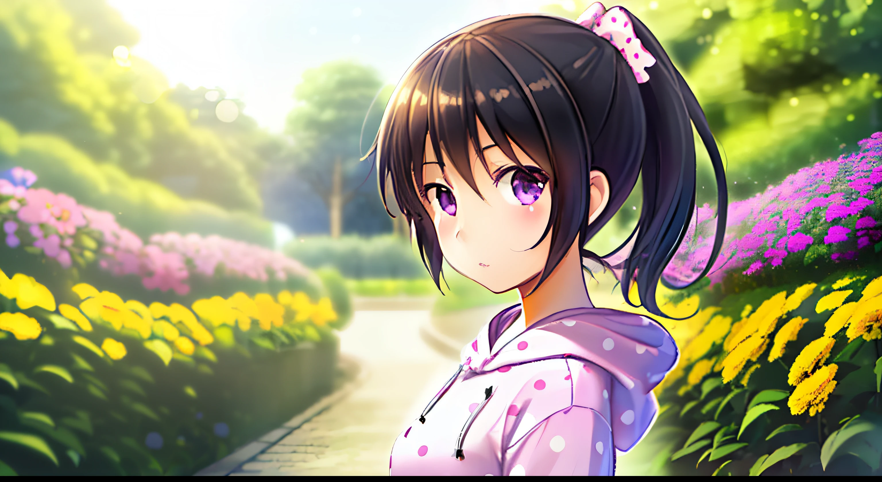 1girl, solo, cg art, sakaki, very short ponytail black hair, small to medium breast, purple eyes, (white hoodie with pink polkadots), (casual clothes), looking at viewer, white and yellow flower garden, face, lighting