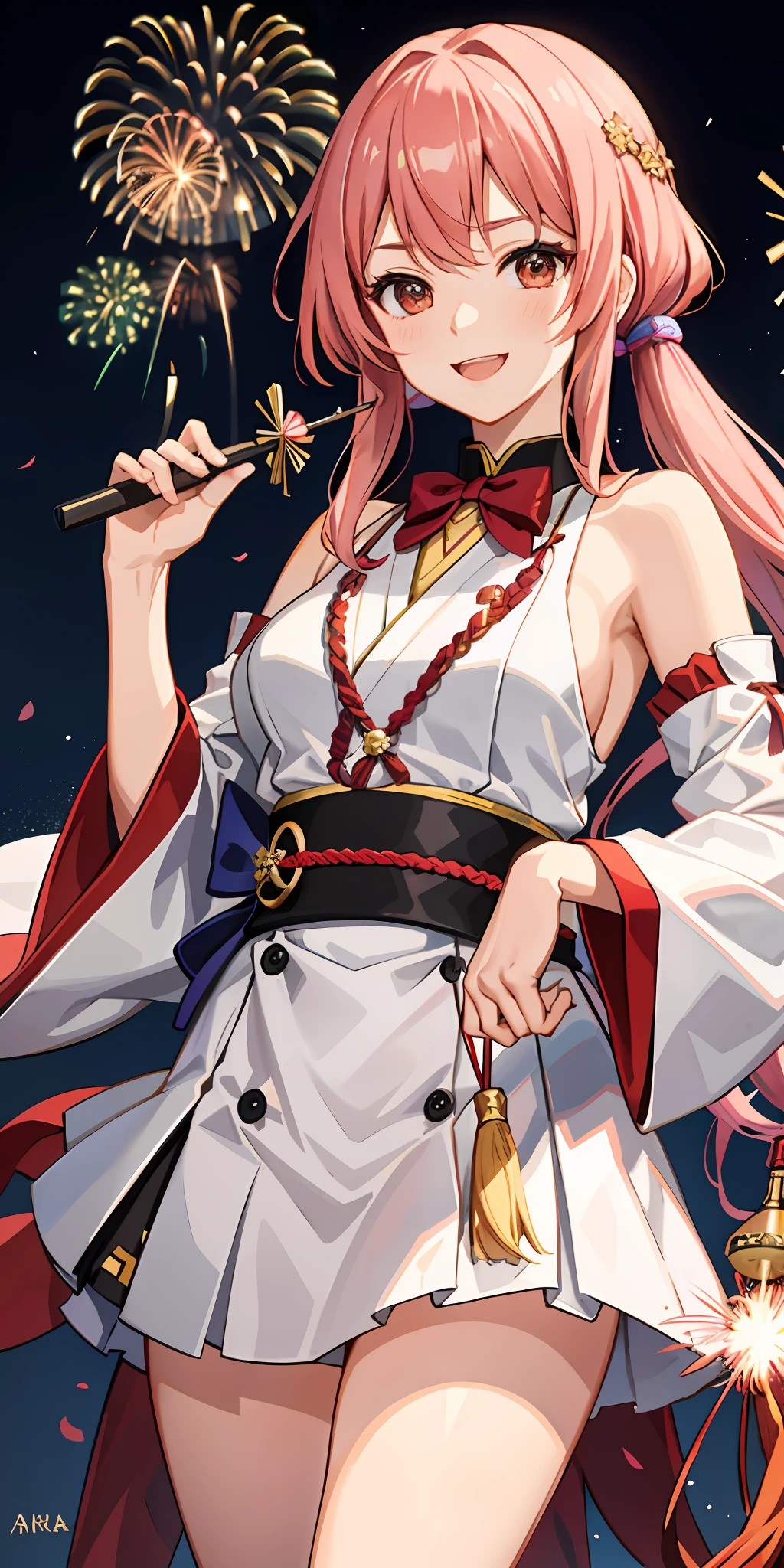 Yoomiya holds a fireworks stick，ssmile，Ayaka rubbed Yomiyō's chest next to her，Orgasmic face