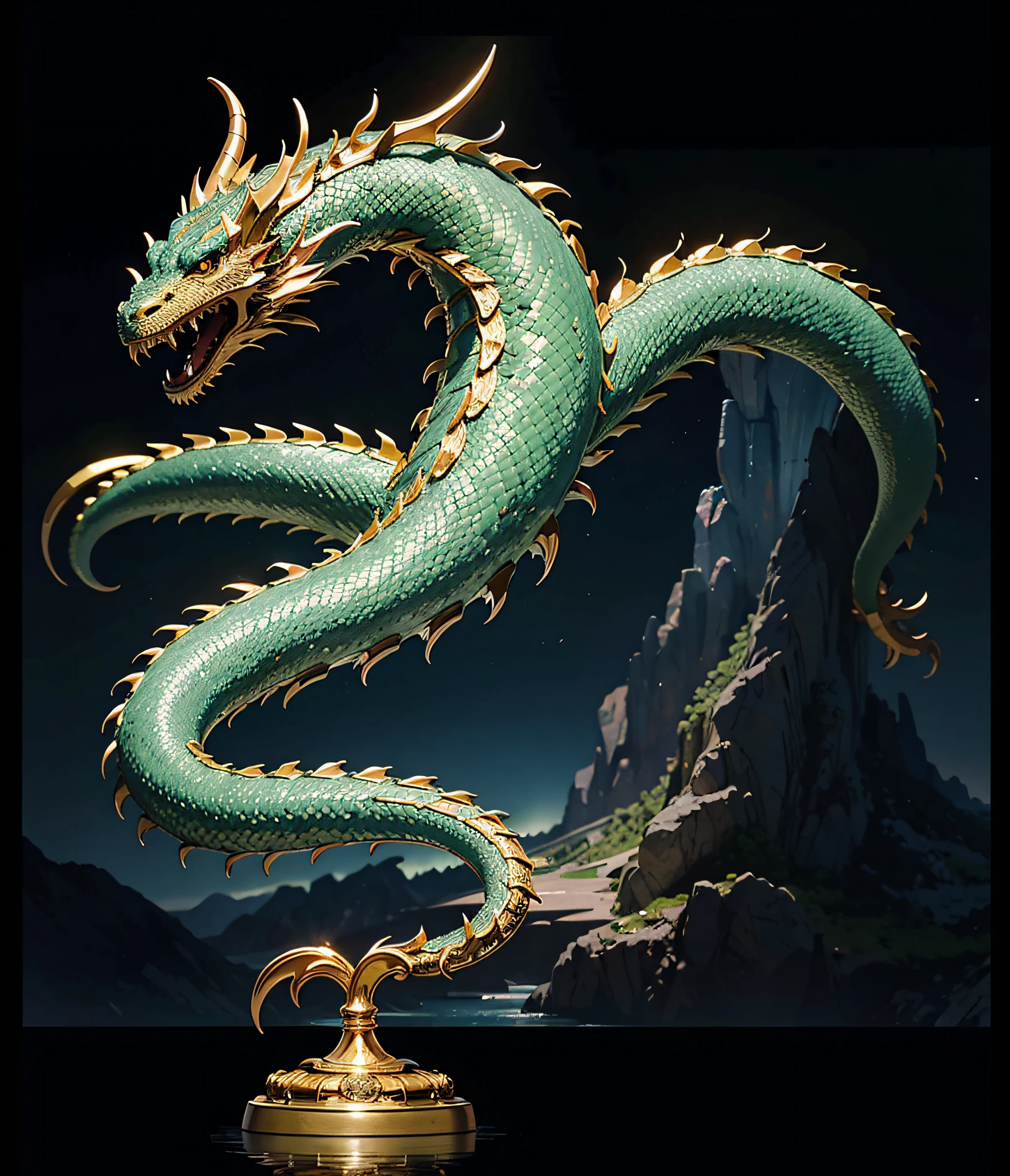 8k,Foto RAW, melhor qualidade, master part: 1.2, detalhes intrincados, ultra high-resolution), (Realistic), Hyper-detailed rendering, 8 k cg render, artistic work,, obra de arte, A magnificent serpentine dragon on a worked golden pedestal, museum piece, realista, corpo todo coberto com escamas esverdeadas, muitas escamas cor de esmeralda (hipnotizantes), Beautful, o corpo inteiro com escamas esverdeadas e bem uniforme, com belas asas banhadas a ouro, reluzentes, asas de ouro, precious stones on the dragon's head (Diamantes, Rubis, Aguas marinhas, Esmeraldas), olhar penetrante, chifres dourados ((melhor qualidade)), ((obra-prima)), fundo todo preto, cor preta no fundo para Chroma key.