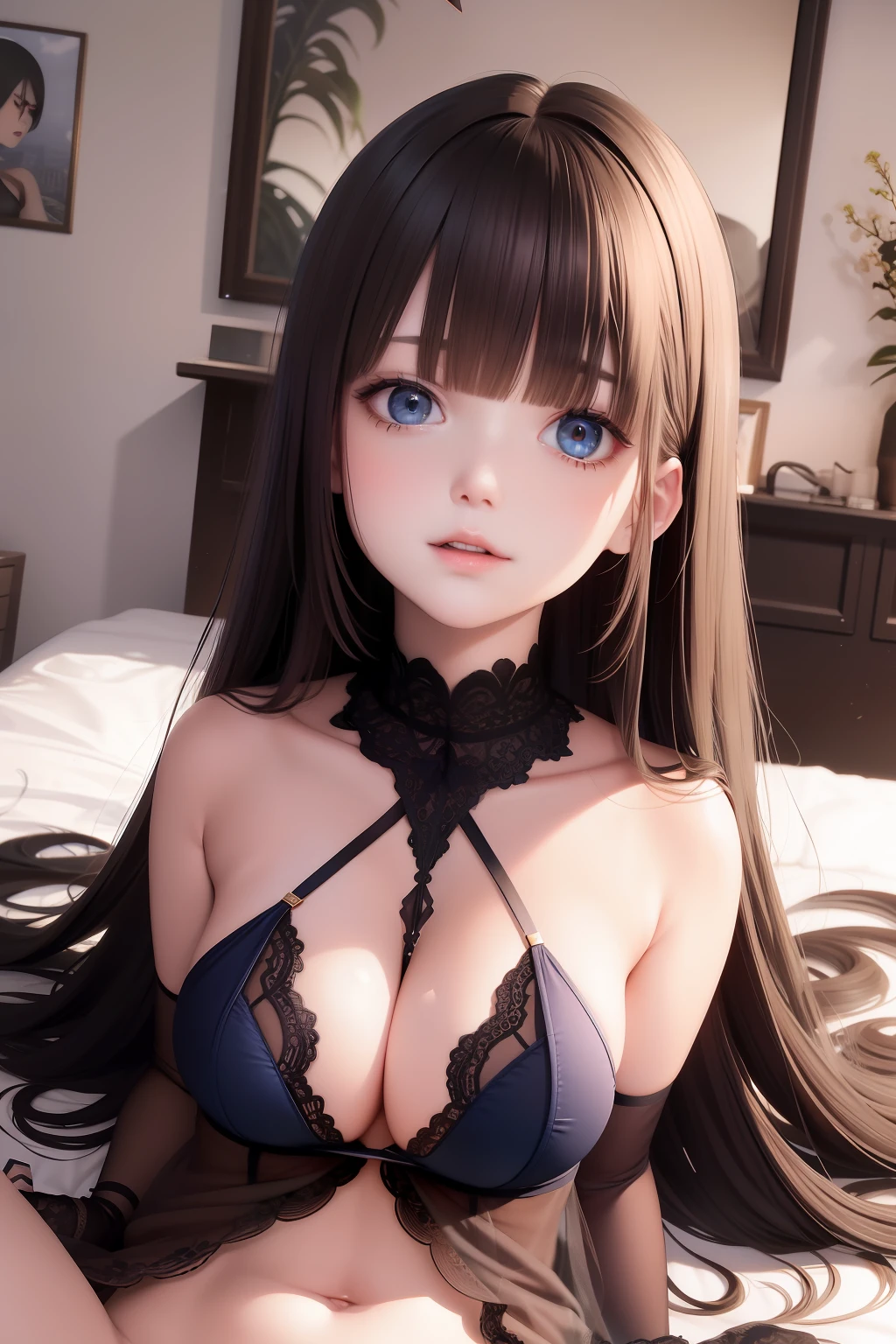 Best quality, tmasterpiece, brunette color hair, blueneyes, head looking up, Upper body girl,dual horsetail,onbed,Lori huge breasts cleavage,Little devil,spread their legs,Lingerie transparent,seductiv,