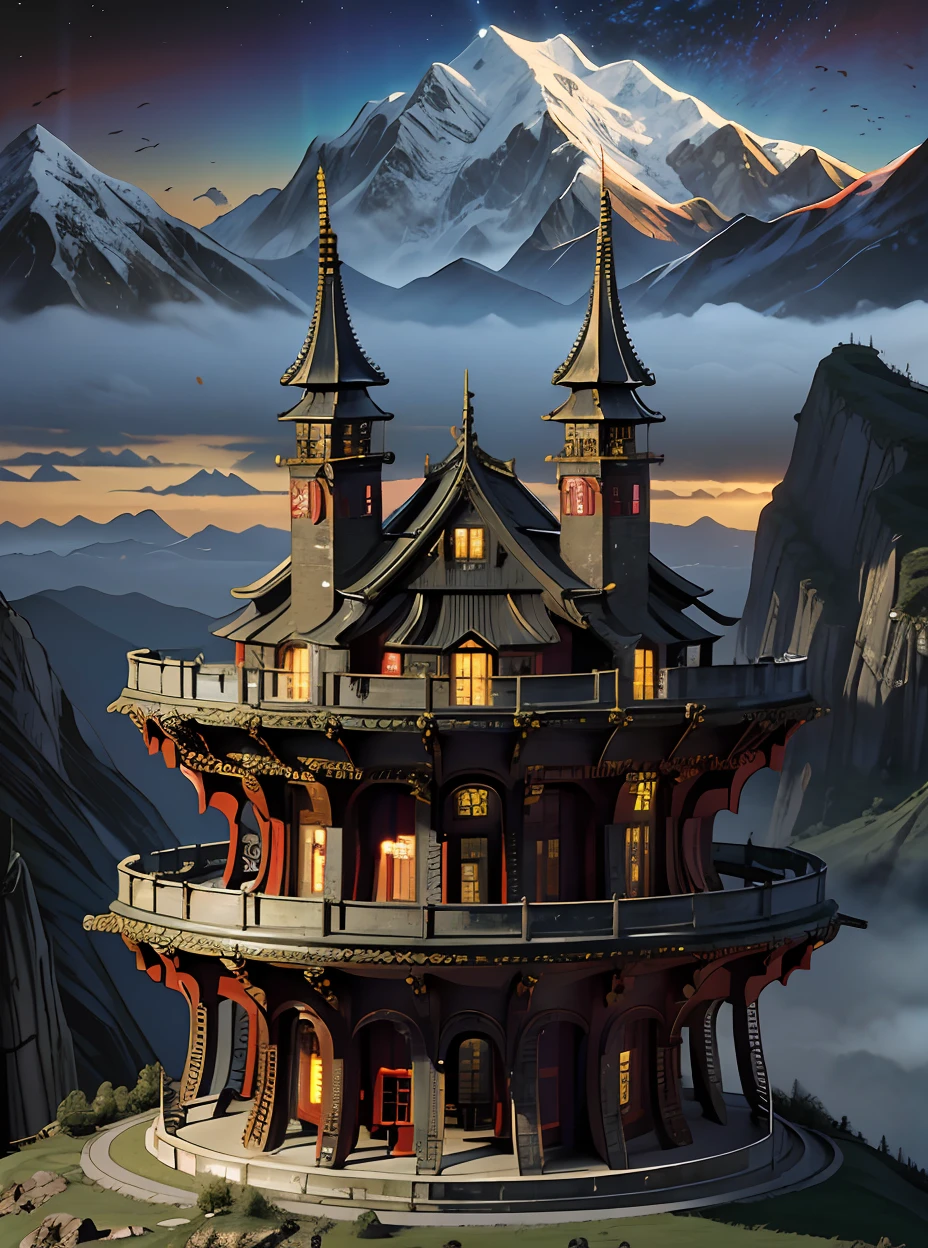 Very saturated colors（hyper realisitc），Best Picture Quality， tmasterpiece， 超高分辨率， （fidelity：1.4），Very dark scenery at night，Very dark and elongated shadows，Huge level structure，mountain fortress city，giant imposing steampunk tower