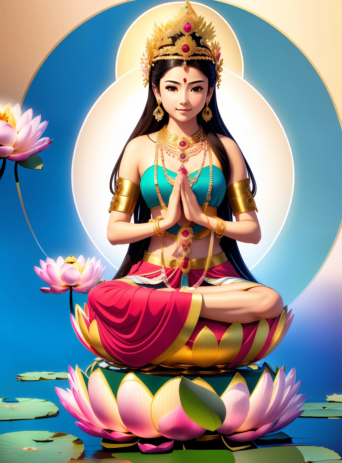 Beautiful -yeld press sitting on a huge lotus flower，Wearing a delicate gold crown，Full face，Lotus in hand，Barefoot on both feet，Such as out of the water hibiscus，The corners of the mouth are slightly upturned，Look at the camera with a gentle expression，choker necklace，Nobile，Yingluo，chest jewel，armour，jewelery，Pedras preciosas，Gorgeous and noble costumes，Cross-shoulder top，The sky behind the character has an aperture，Clear sky，A gorgeous fairyland-like Elysium，Clean and ethereal picture，Pure and stain-free，Light，Clean，stately，opulent，Pure Land，8k 壁纸，Amazing Cleavage，tmasterpiece,Goddess of wealth,Venerable goddess,Beautiful dream world，Magical fantasy，