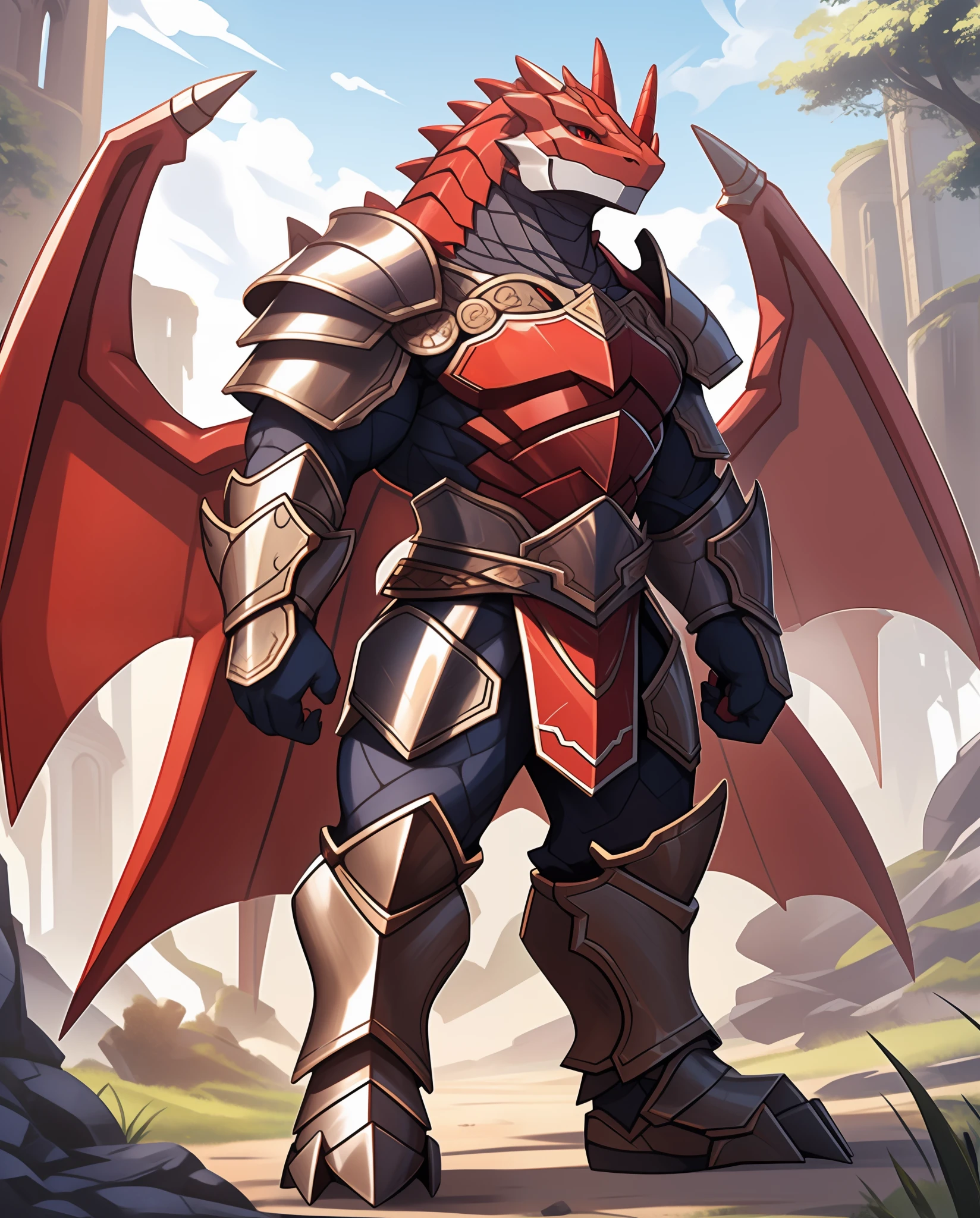 Anthropomorphic Lizard, light grey scales, full body red insect-like armor, red and white beetle-like wings, mighty red pinsers, masterpiece, best quality