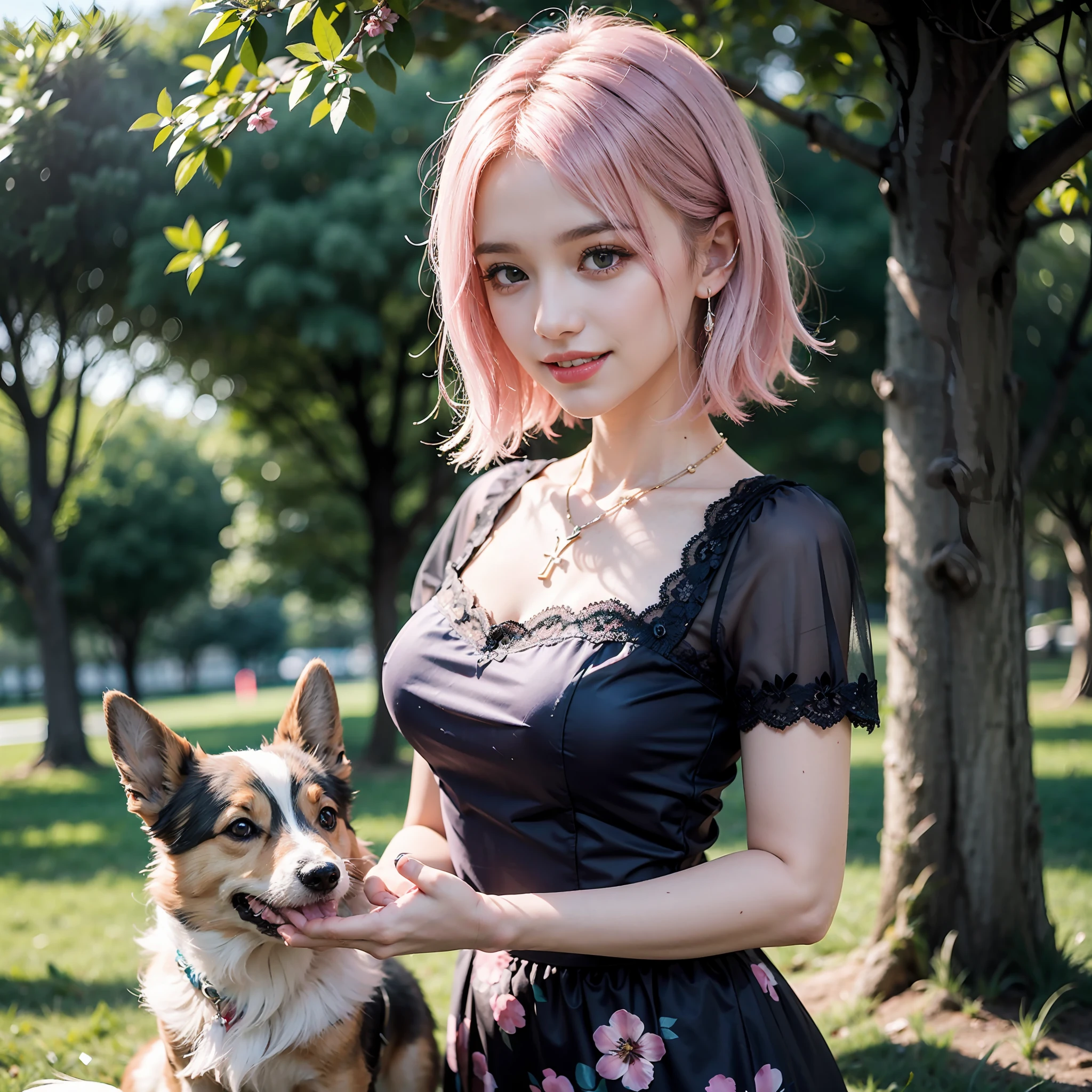 20 years old girl, Perfectly sculpts your body, Purple floral lace dress, Bob Head,|White and pink hair|, Blue pupils, necklace, Toothy smile, On the grass of the Metropolitan Park, Holding a corgi, reality, Masterpiece, hyper HD, Ultra-realistic, original artwork, 8K, finedetail,