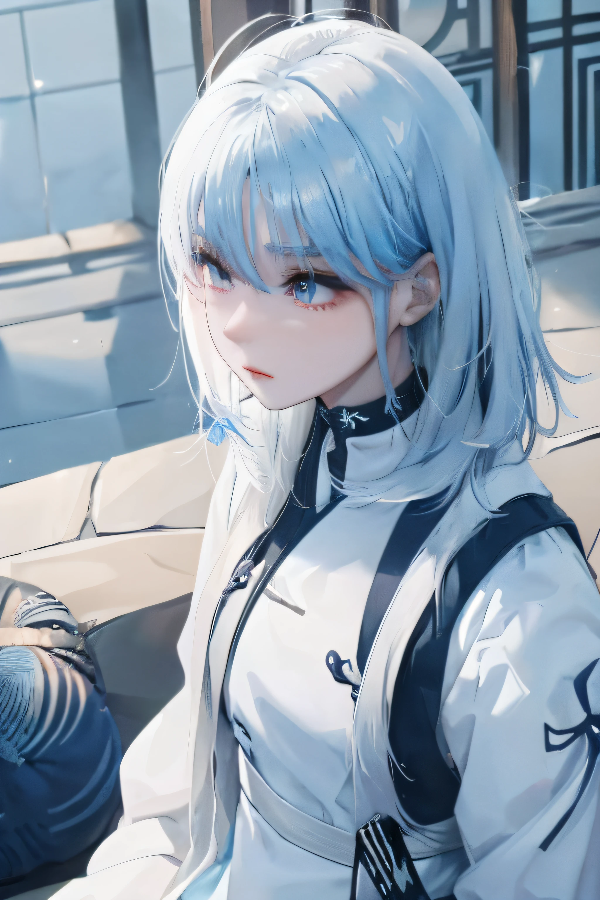 Anime, A man with white hair and a blue dress holds a sword, god of winter, Inspired by Huang Shen, inspired by Leng Mei, Inspired by Shen Zhou, inspired by Wuzhun Shifan, inspired by Wu Zuoren, only snow i the background, inspired by Li Mei-shu, freezing blue skin, heise jinyao