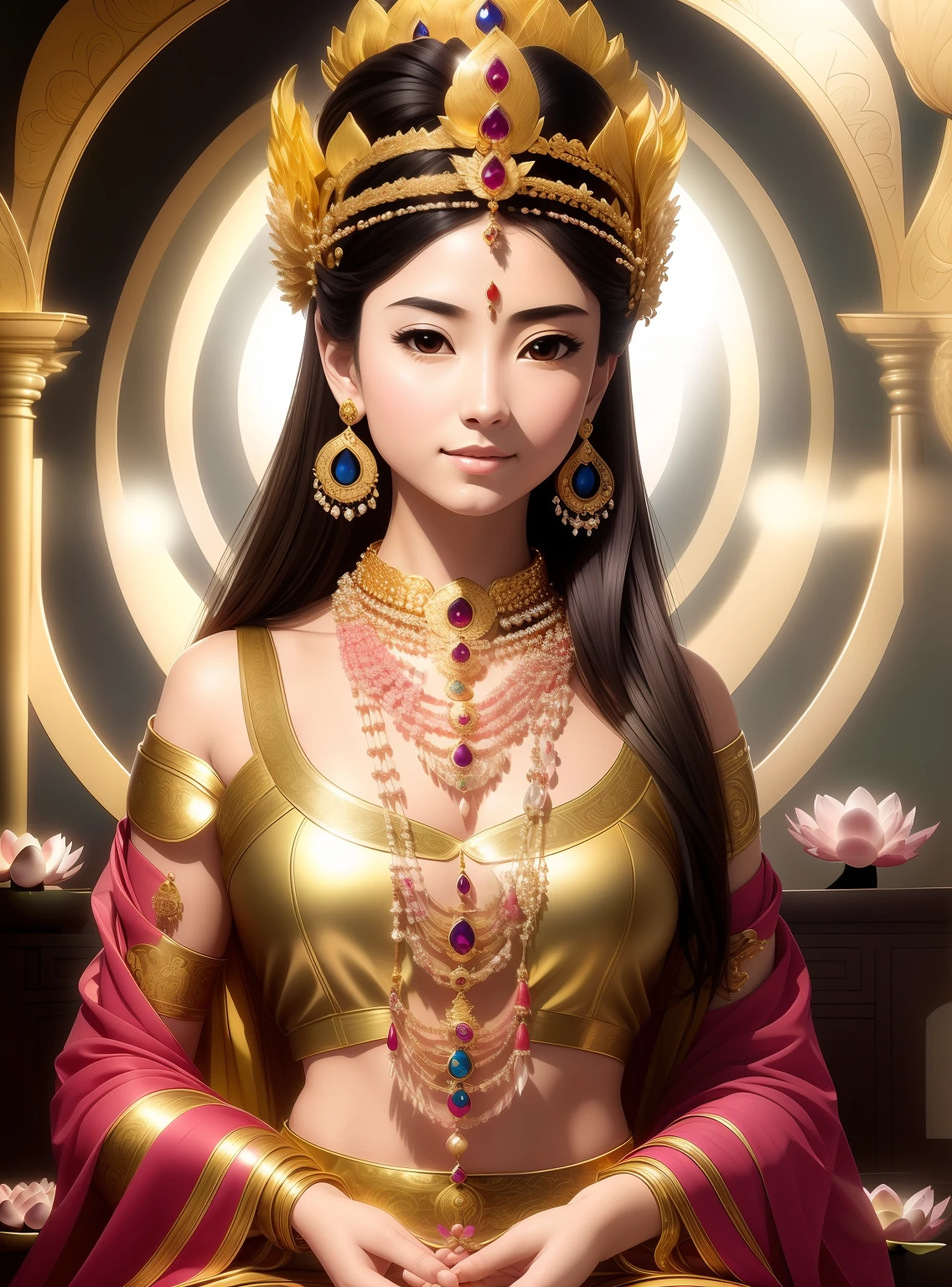 Beautiful 16-year-old princess sitting on a huge lotus flower，Wearing a delicate gold crown，Full face，Lotus in hand，Barefoot on both feet，Such as out of the water hibiscus，The corners of the mouth are slightly upturned，Look at the camera with a gentle expression，choker necklace，Nobile，Yingluo，chest jewel，armour，jewelery，Pedras preciosas，Gorgeous and noble costumes，Cross-shoulder top，The sky behind the character has an aperture，Clear sky，A gorgeous fairyland-like Elysium，Clean and ethereal picture，Pure and stain-free，Light，Clean，stately，opulent，Pure Land，8k 壁纸，Amazing Cleavage，tmasterpiece,Goddess of wealth,Venerable goddess,Beautiful dream world，Magical fantasy，