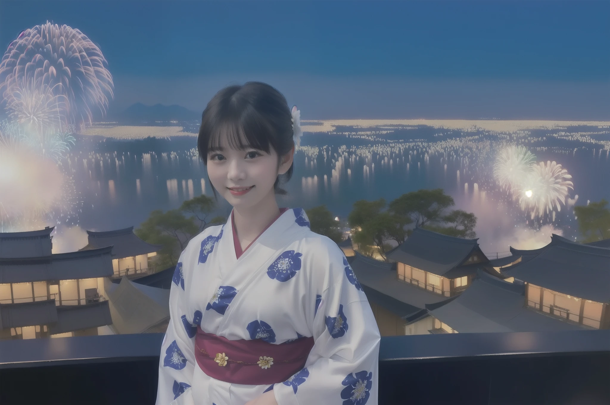 Two groups who came to the festival、A girl in her 20s wearing a yukata is taking a picture、looking at away、Smiling and happy expression、bangss、4K、hight resolution、​masterpiece、top-quality、((Hasselblad photo))、Fine-grained skin、foco nítido、Natural light only、[:(A detailed face:1.2):0.2]、(Yukata with a delicate pattern:1.3)、beautiful neck、sparklers、the complex background、Night Downtown、natta、(ighly detailed:1.2)、(Fireworks in the night sky:1.3)