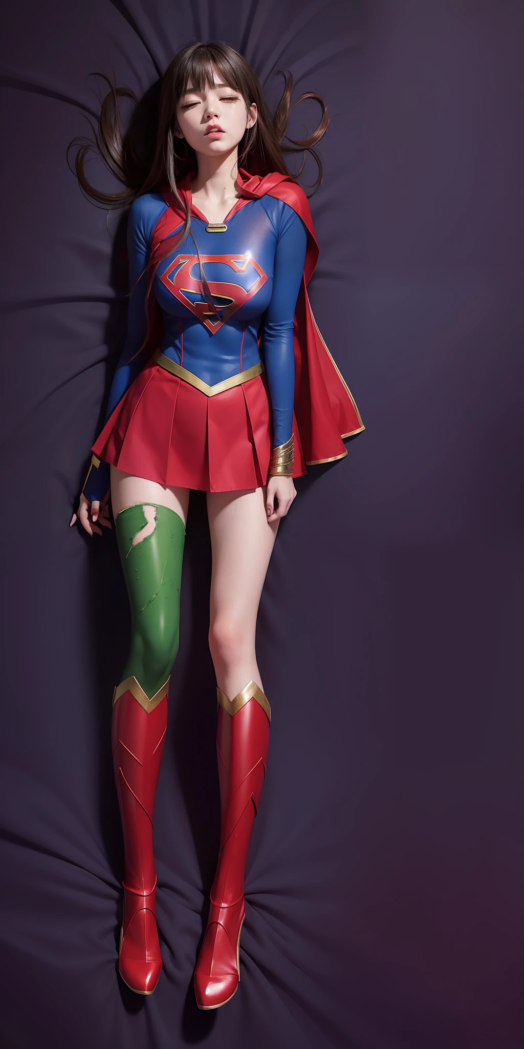 super girl、Bishoujo Warrior、Supergirl Logo、Sleep facing up、The chest is torn、Clothes are shredded、torn、battered、s asleep、Painful look、Green liquid flows out of the mouth、tight body、Fit Costumes、masterpiece, top-quality, Wear the costume in the current image