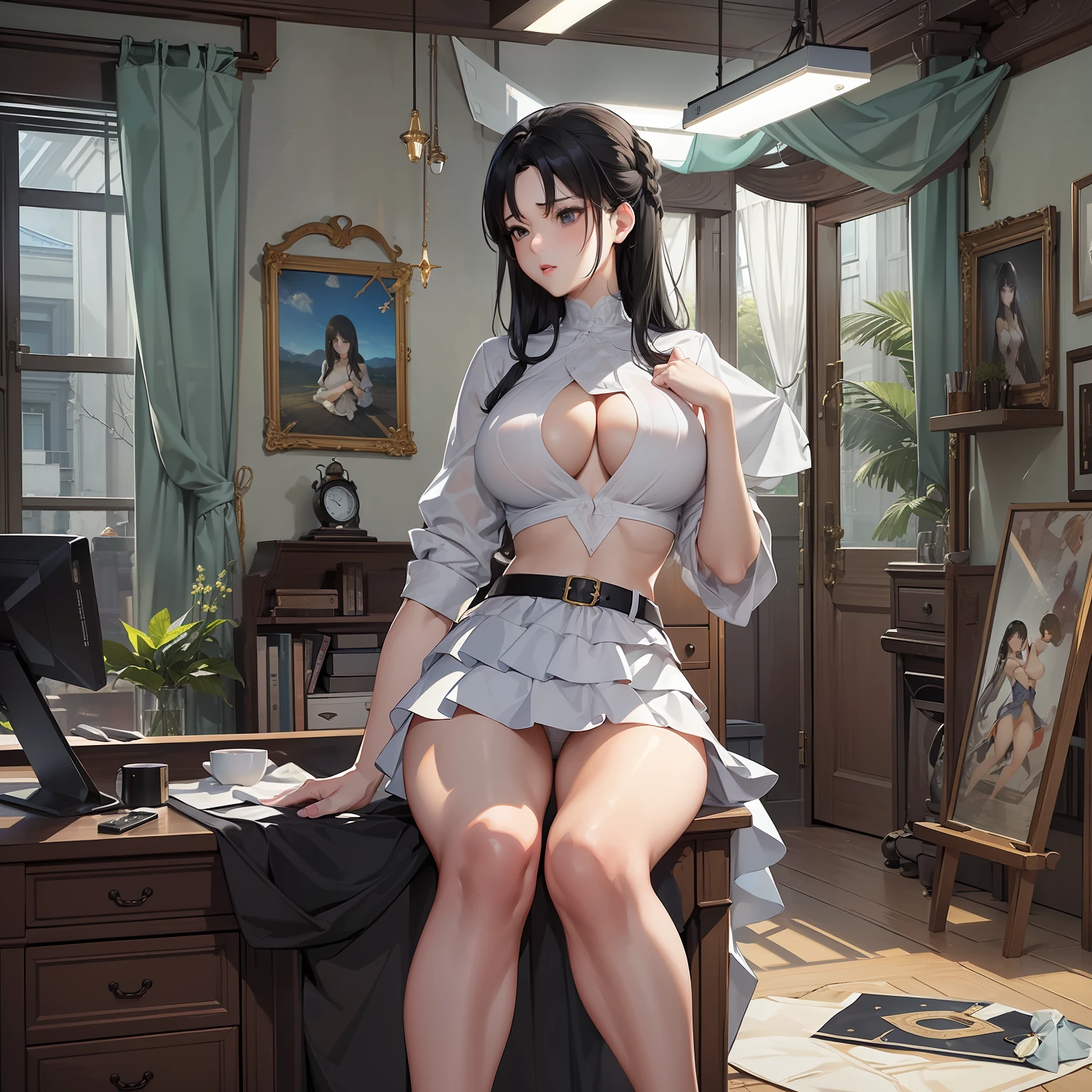 ​masterpiece、top-quality、hight resolution、独奏、Neat and clean woman、Black Hair Upstyle、Pick up what has fallen、Slouched、A dark-haired、a miniskirt、garterbelts、large hips、Face turning around、White underwear、full body Esbian、((top-quality、8K、​masterpiece:1.3))、Crisp focus:1.2、Beautiful woman with perfect body shape:1.4、A slender 、((layers-Cut、Colossal tits:1.2))、Highly detailed facial and skin texture、Detailed eye depiction、troubled look、s Office、inside in room