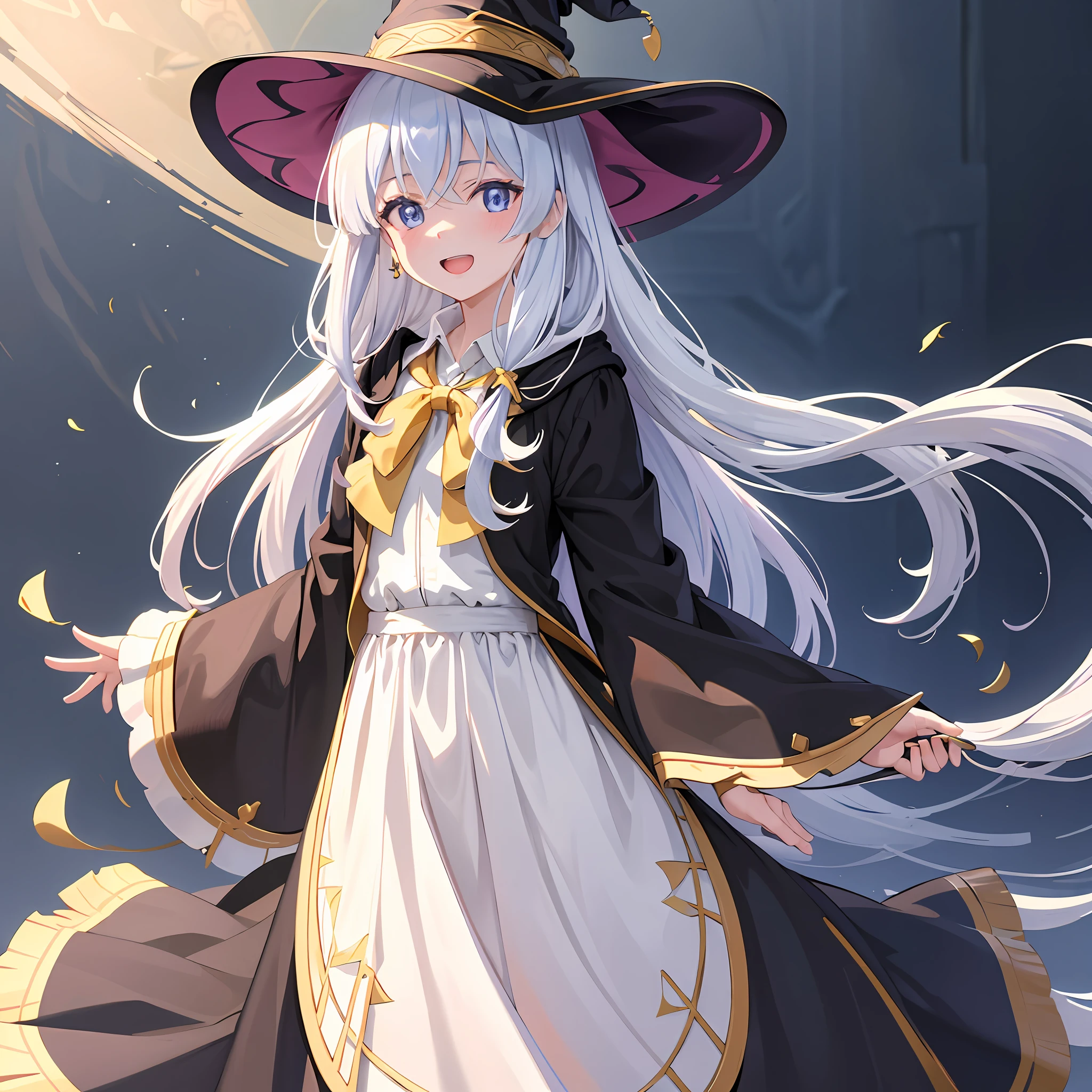 (masterpiece:1.6, best quality), (finely detailed beautiful eyes: 1.2),  phelaina, Eouftit3,  Eof3, 1girl, elaina (majo no tabitabi), solo, witch hat, long hair, black headwear, blue eyes, collared shirt, hair between eyes, white shirt, ribbon, yellow ribbon, bangs, upper teeth only, teeth, neck ribbon, bow, witch, open clothes, blush, anime coloring, hood, yellow bow, jewelry, floating hair, yellow bowtie, shiny hair, bowtie, black robe, wing collar, open robe, purple eyes, dress shirt
,  anime color,